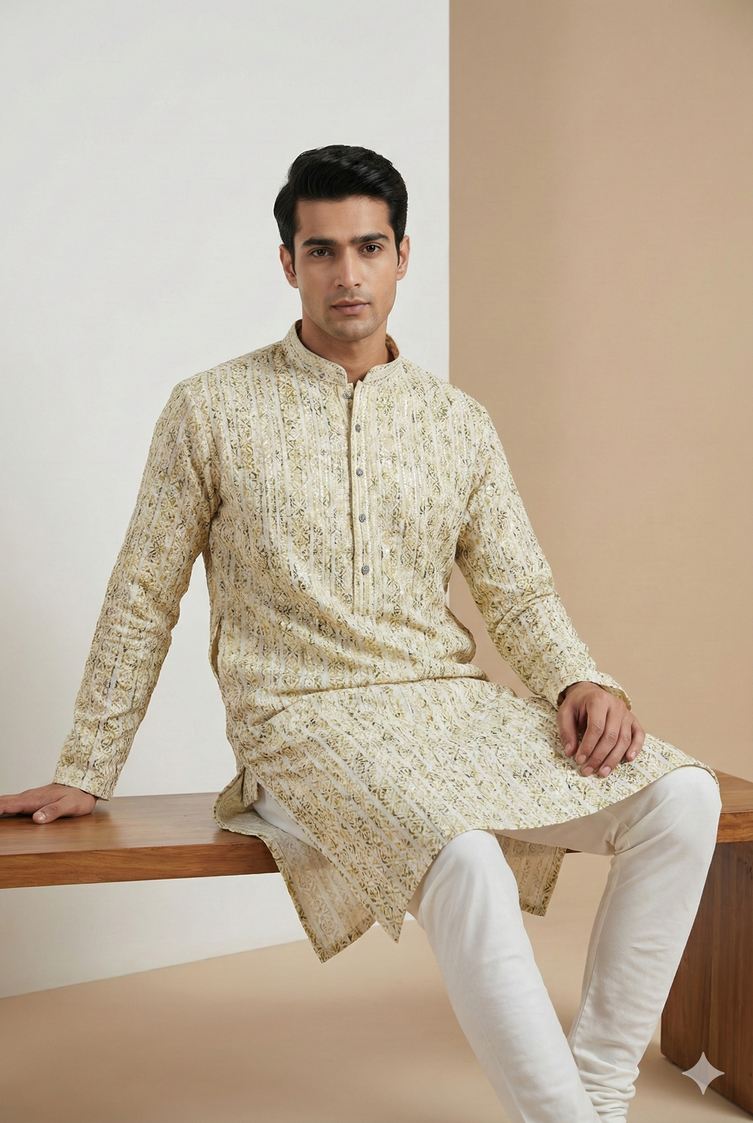 Men’s Ivory & Olive Printed Textured Kurta Pajama - 26416