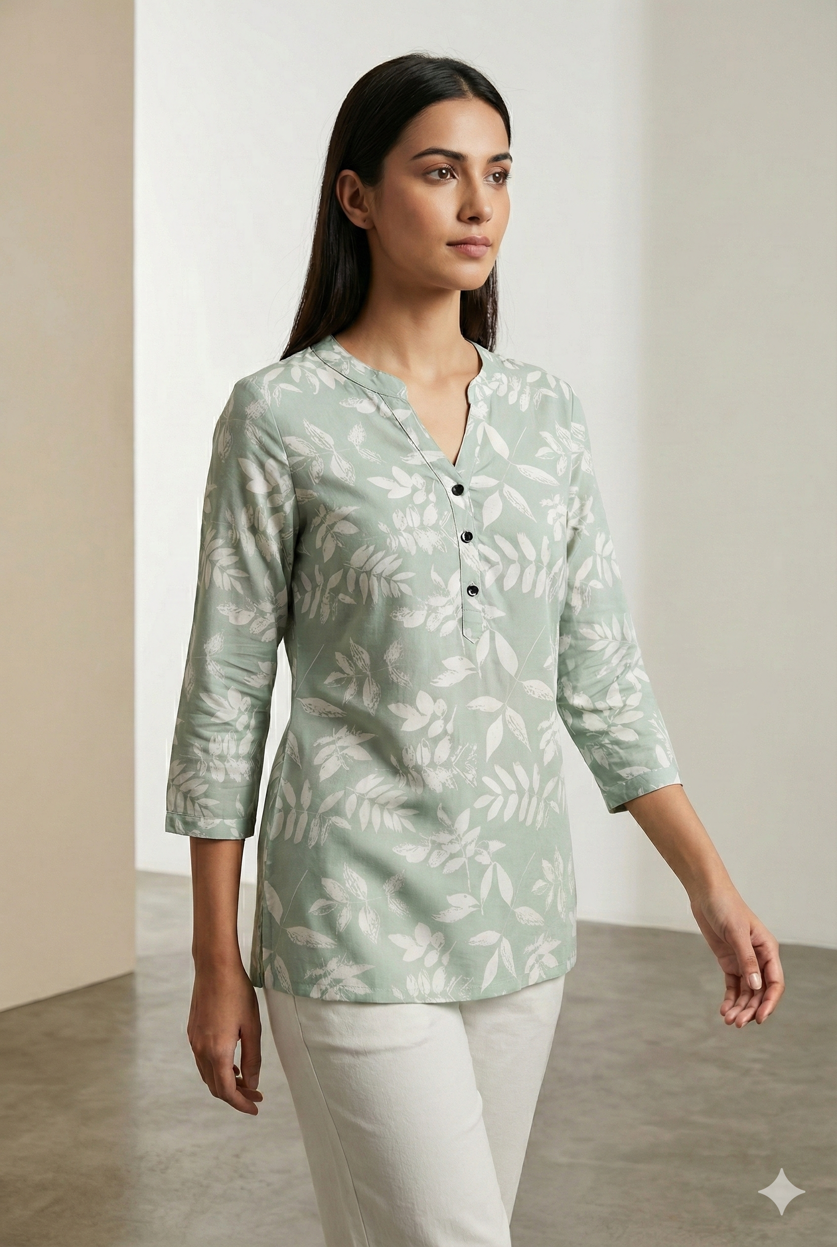 Sage Green Leaf-Print Soft V-Notch Neck Kurti - 26212