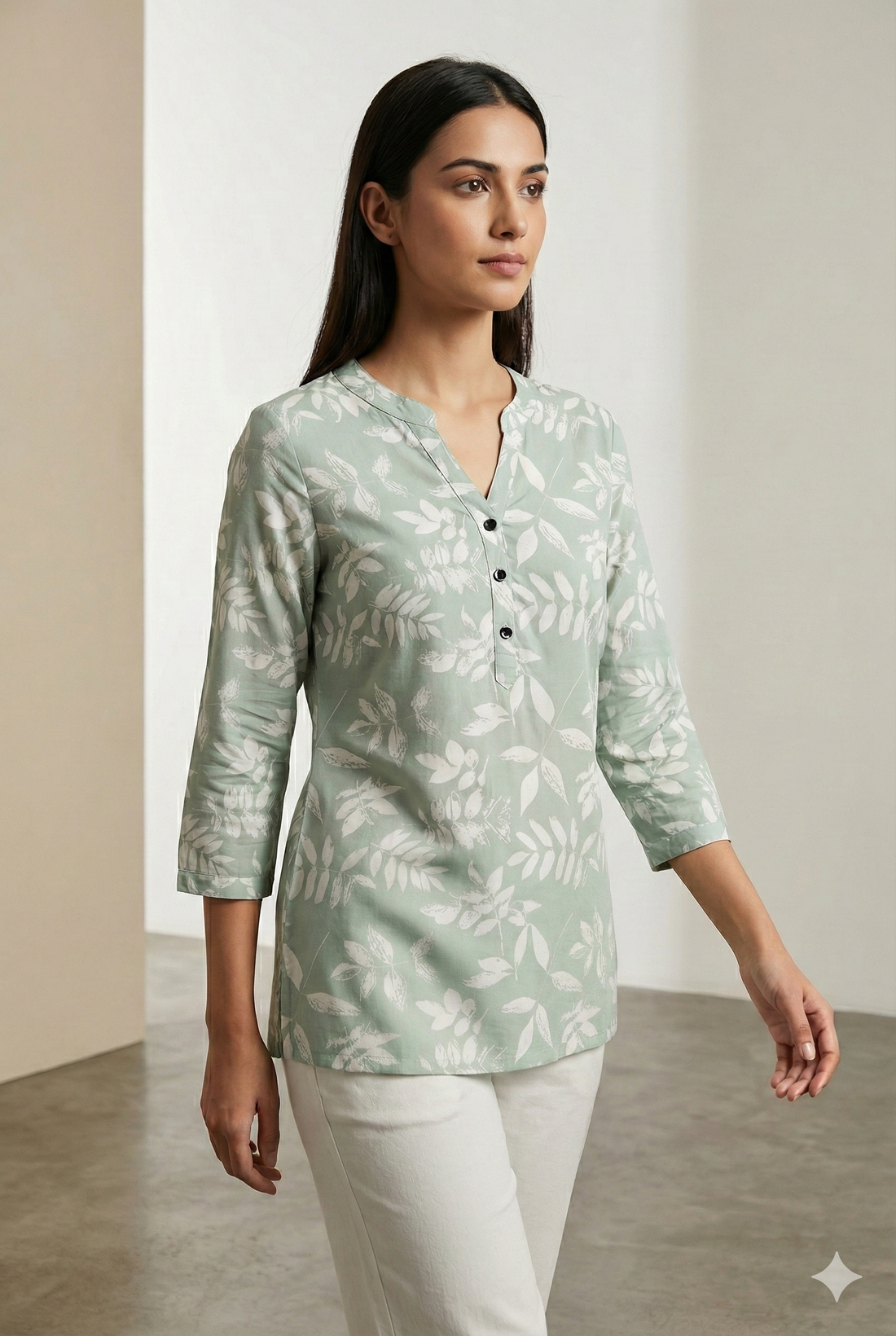 Sage Green Leaf-Print Soft V-Notch Neck Kurti - 26212