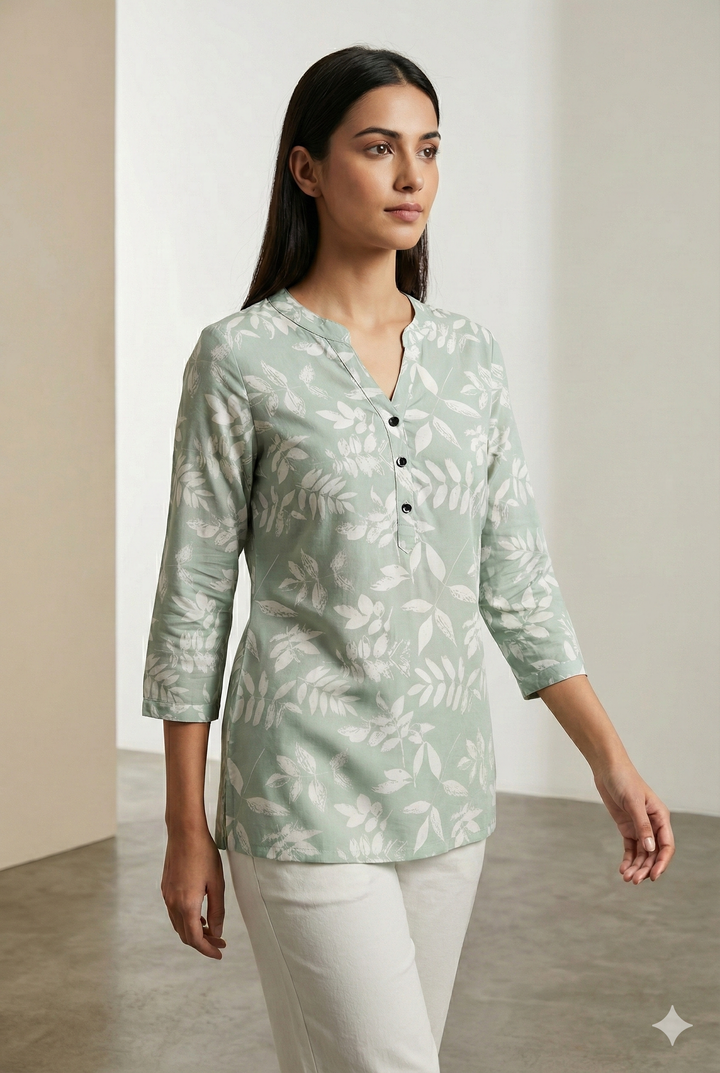 Sage Green Leaf-Print Soft V-Notch Neck Kurti - 26212