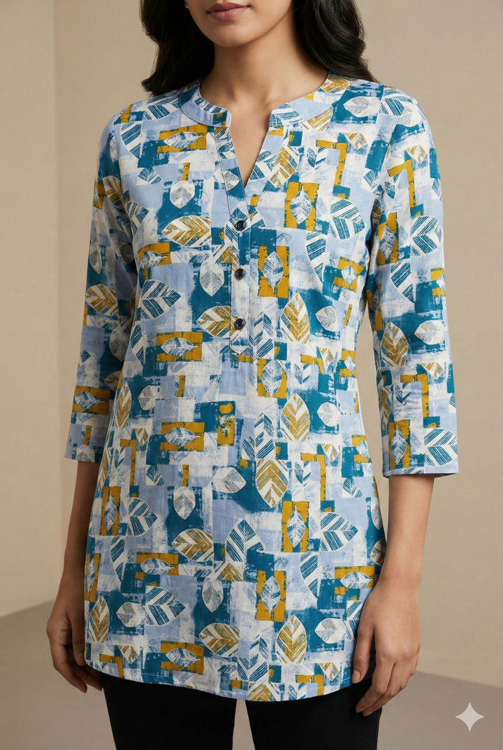 Women’s Teal & Mustard Leaf Print Cotton Kurti  25008