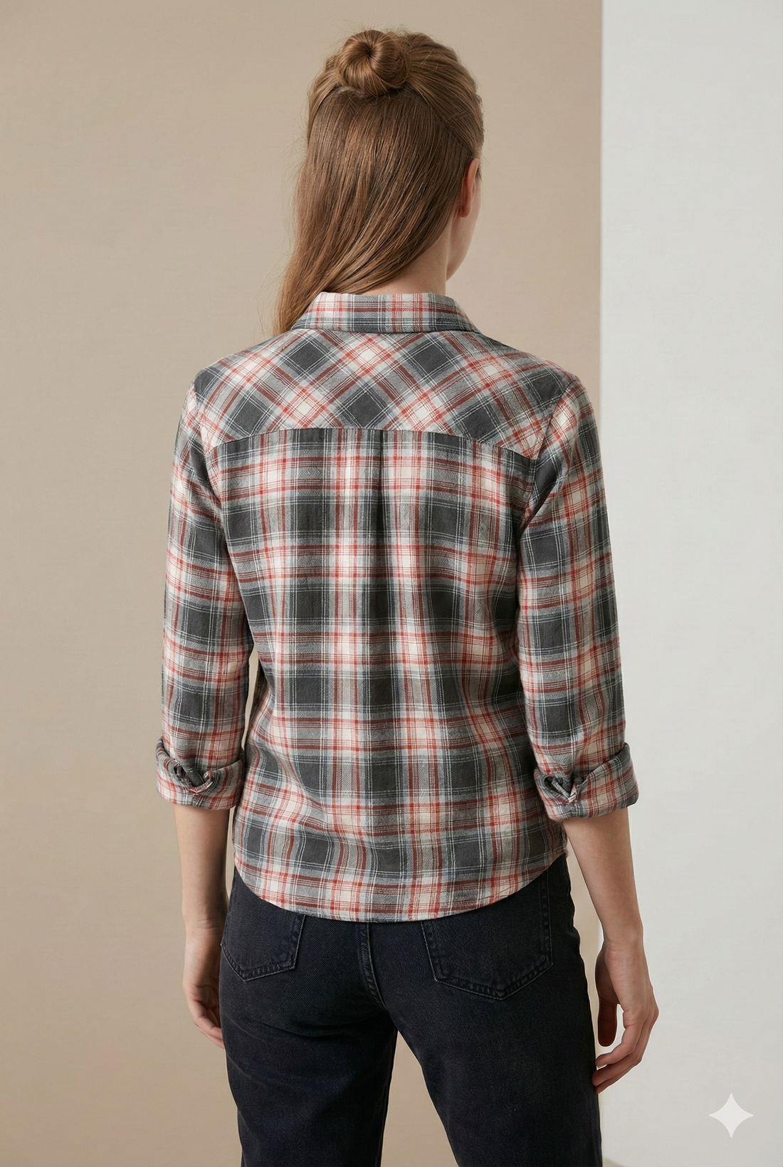 Women’s Soft Cotton Checkered Casual Shirt – Red, Grey & White Plaid - 25225