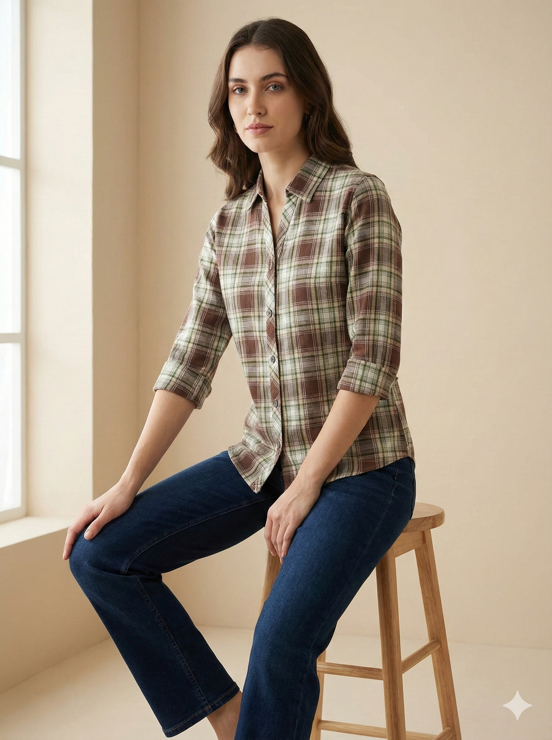 Women’s Brown & Green Checked Casual Shirt – 25224