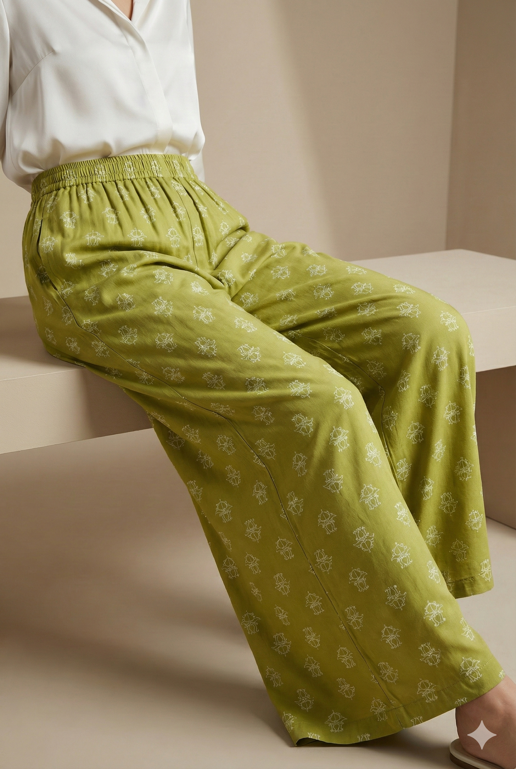 Olive Green Printed Cotton Palazzo - 26351
