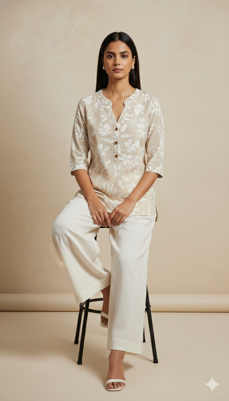 Beige Leaf-Print Casual Cotton Kurti with V-Notch Neck & 3/4 Sleeves - 26211