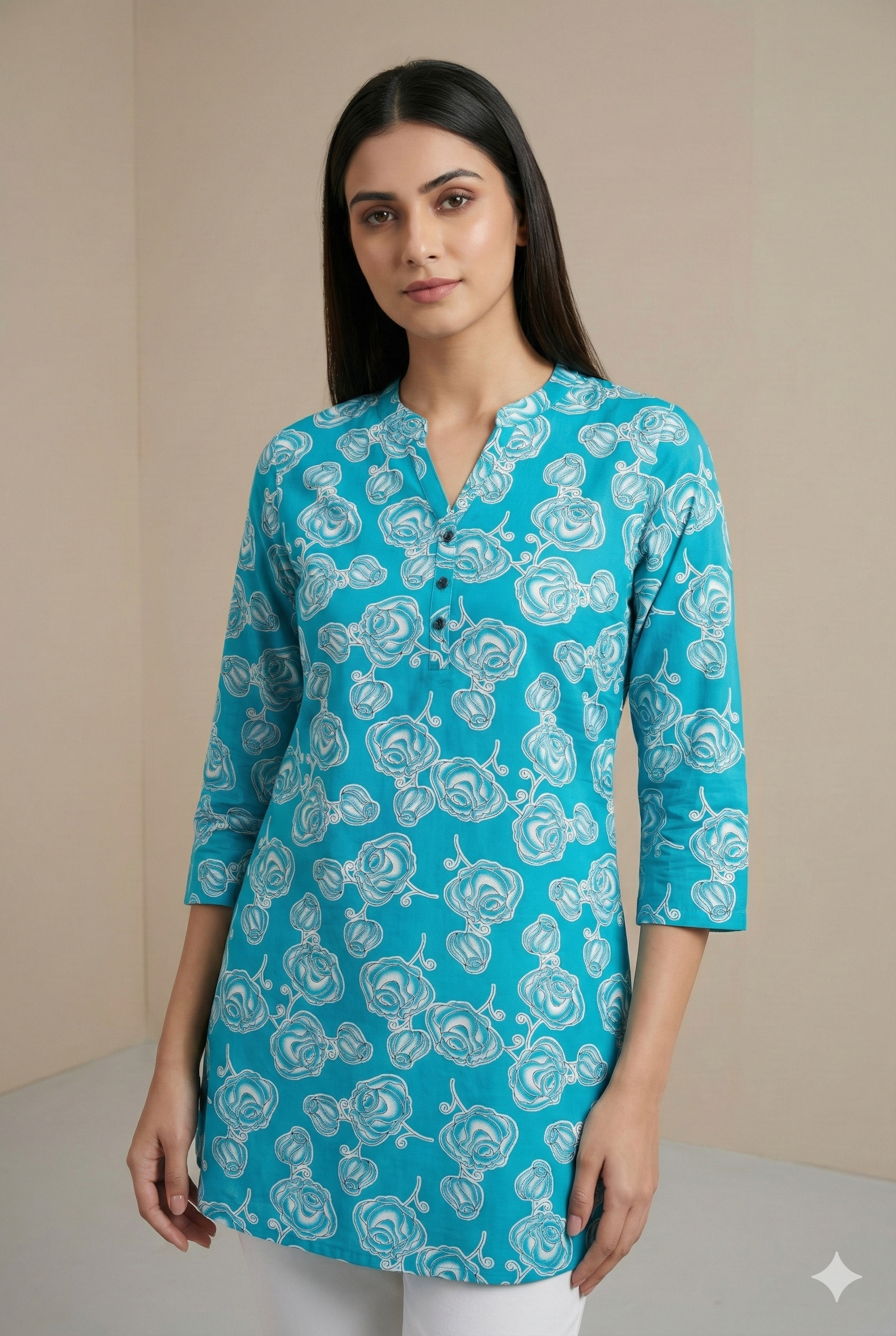 Teal Blue Floral Printed Straight Kurti for Women - 26010