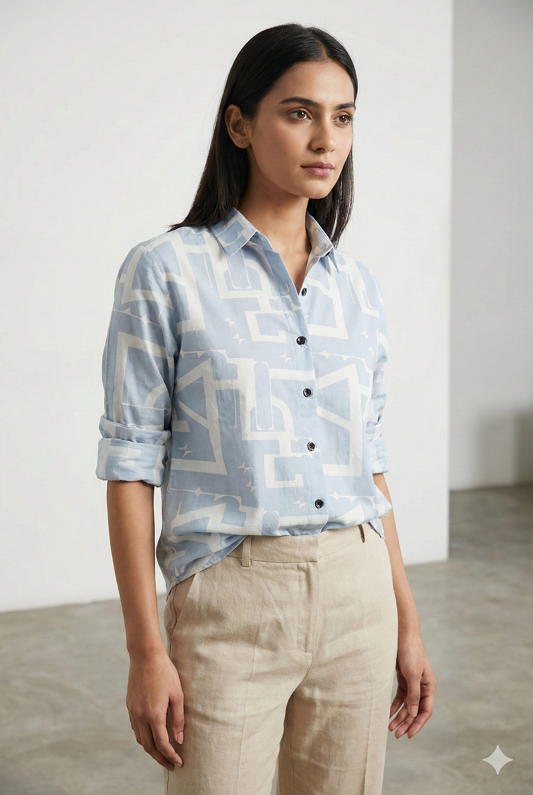 Women’s Geometric Print Button-Down Shirt – Soft Blue & White Casual Wear - 25463