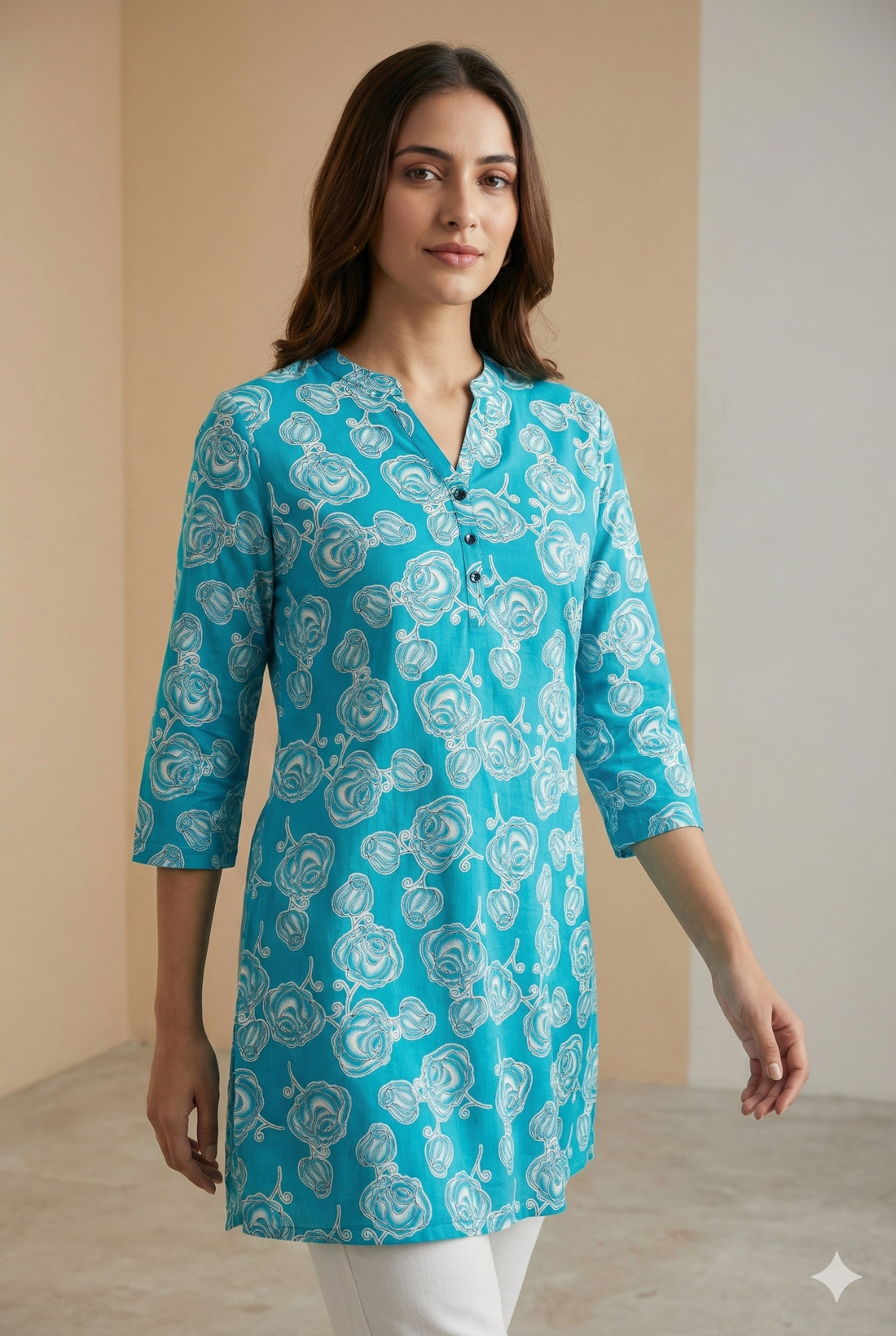 Teal Blue Floral Printed Straight Kurti for Women - 26010