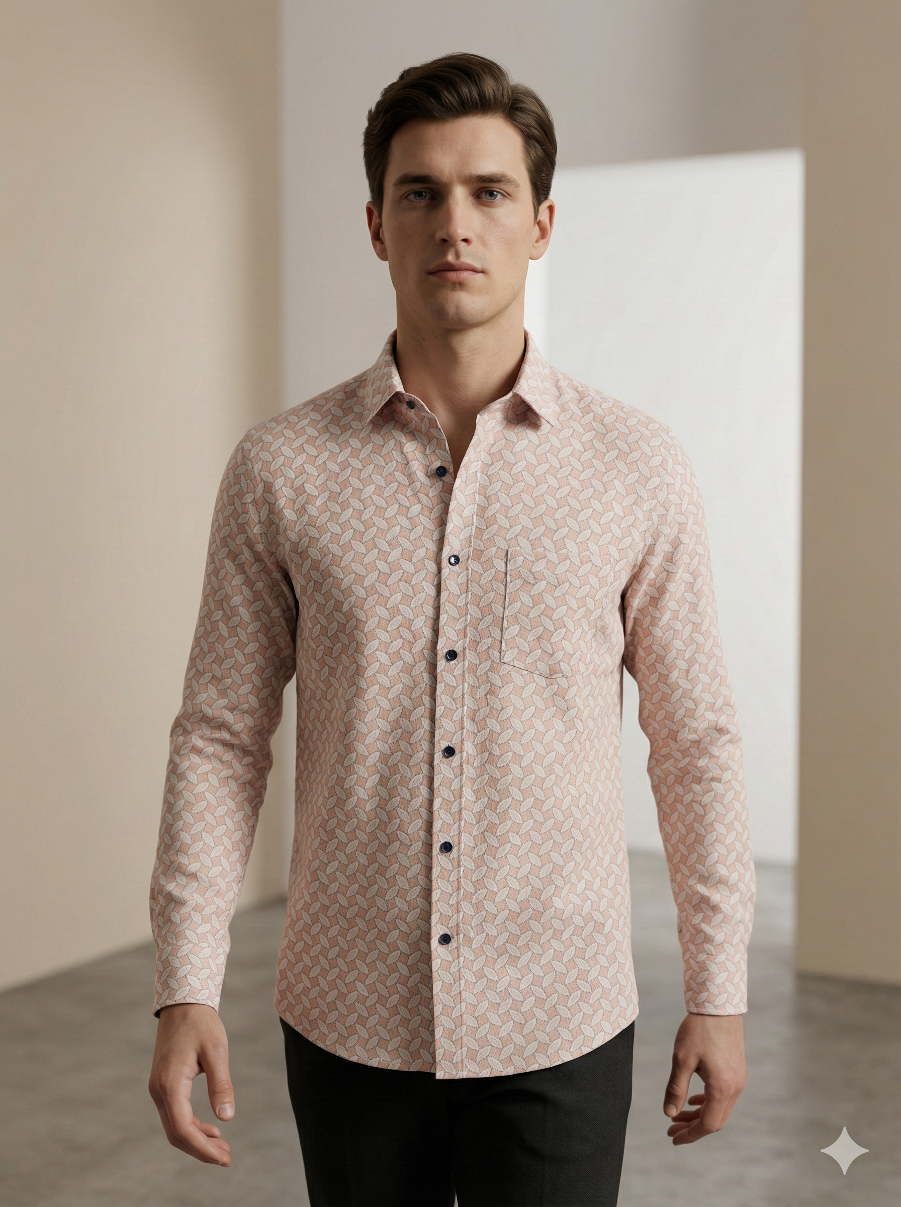 Men’s Premium Printed Cotton Shirt – Soft Peach & White Geometric Pattern - 25503