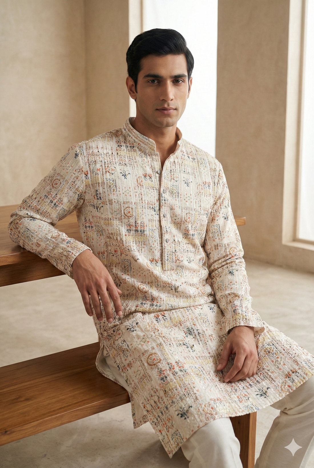 Cream Multi-Thread Sequence Stone Work Kurta - 26405