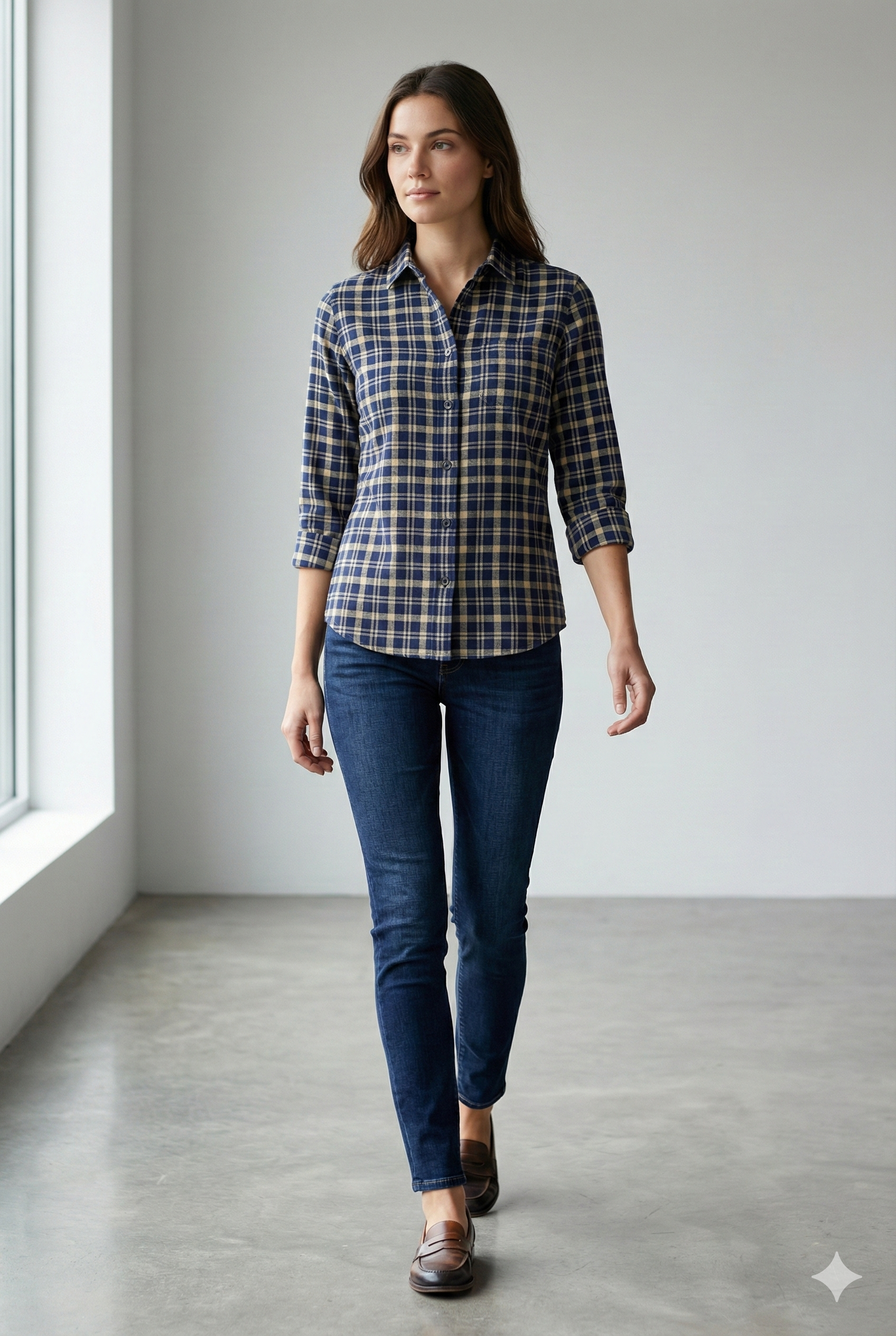Women’s Navy & Beige Checkered Casual Button-Down Shirt - 24123
