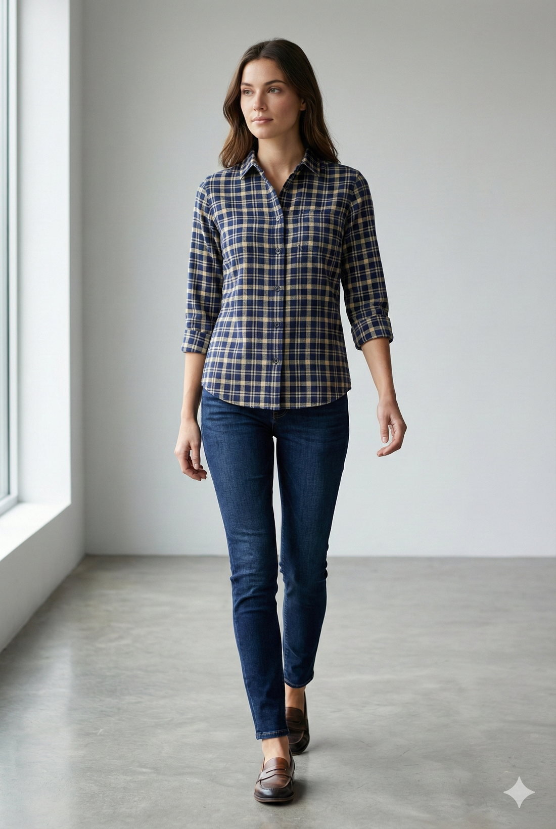 Women’s Navy & Beige Checkered Casual Button-Down Shirt - 24123