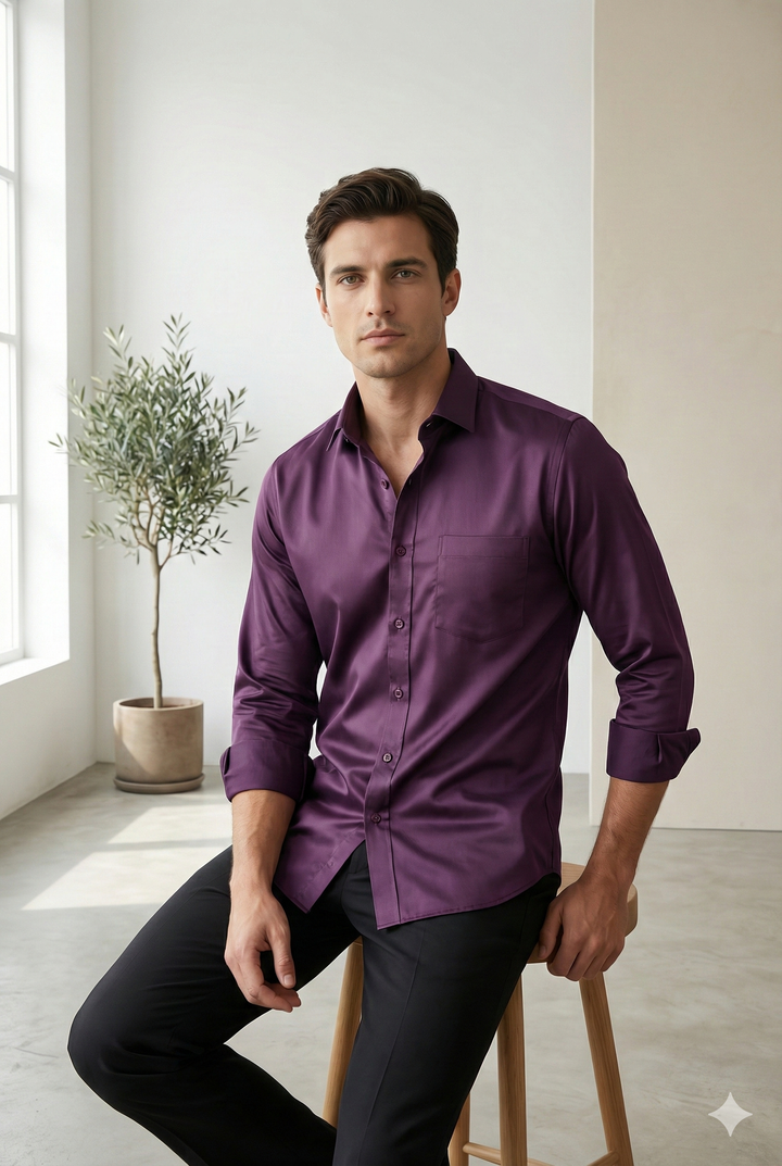 Men’s Solid Cotton Satin Formal Shirt – Deep Wine Purple - 26498