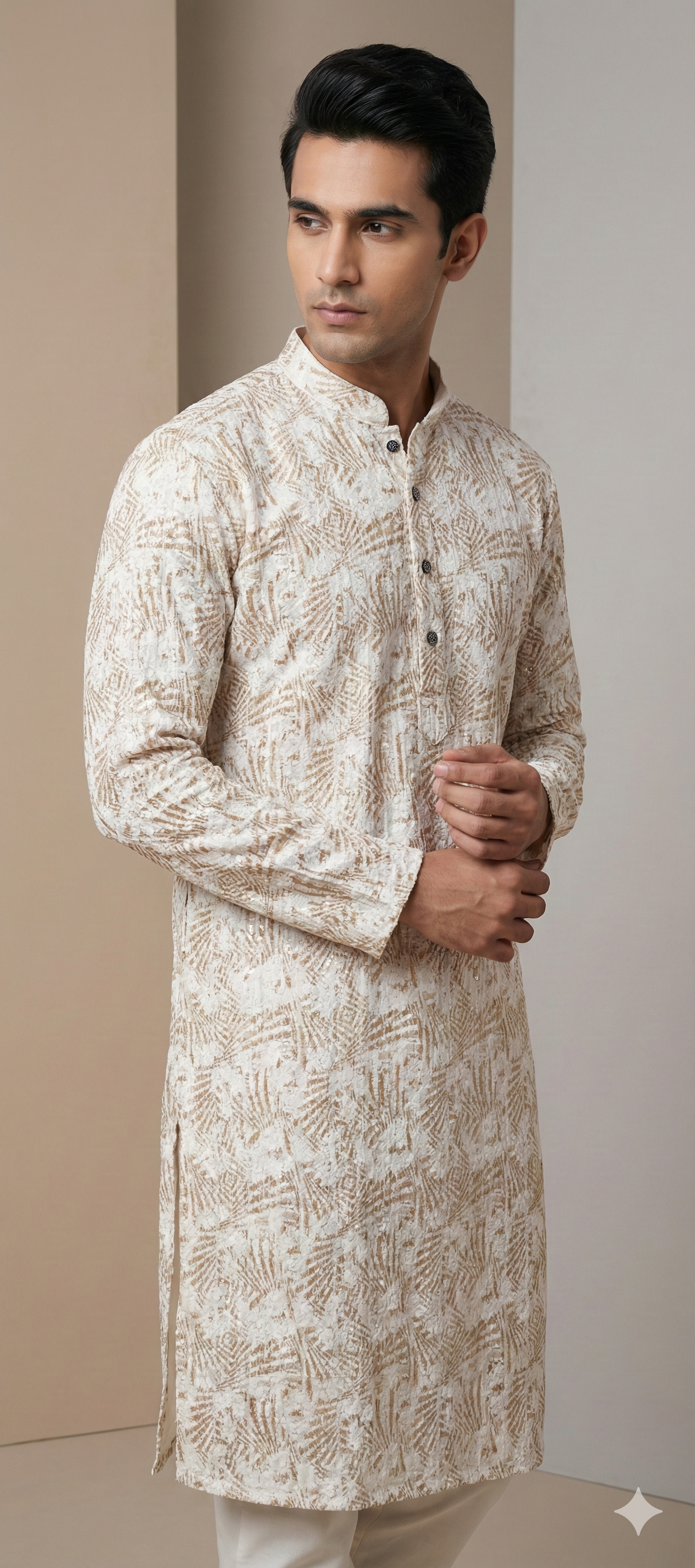 Beige Sequin Embroidered Textured Kurta - 26410