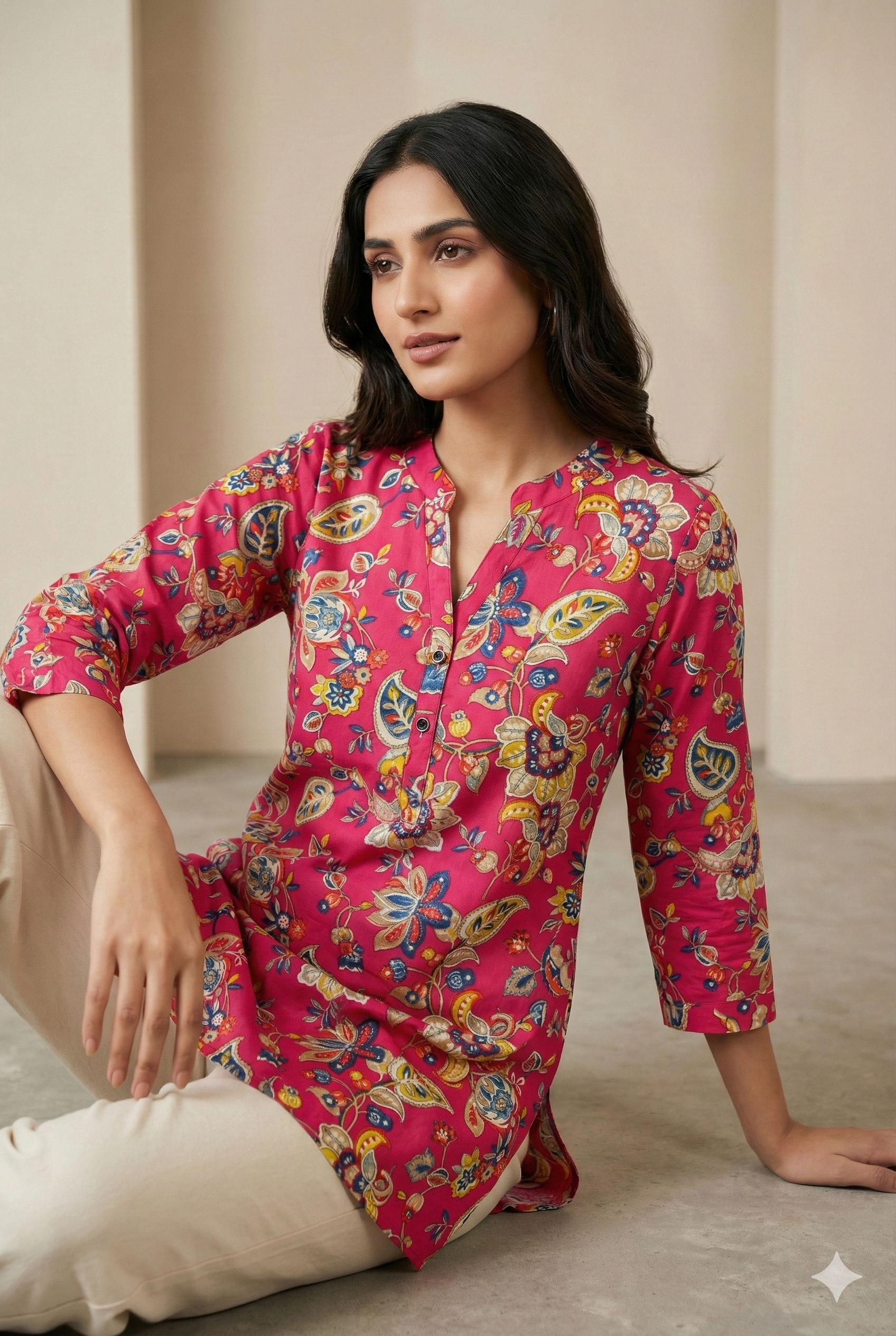 Vibrant Pink Floral Printed 3/4 Sleeve Hip-Length Kurti with V-Notch Neckline - 26194