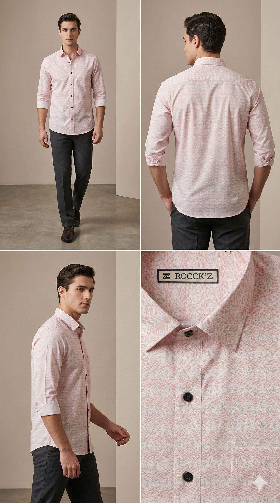 Men’s Premium Cotton Printed Casual Shirt – Soft Pink Geometric Pattern - 25501