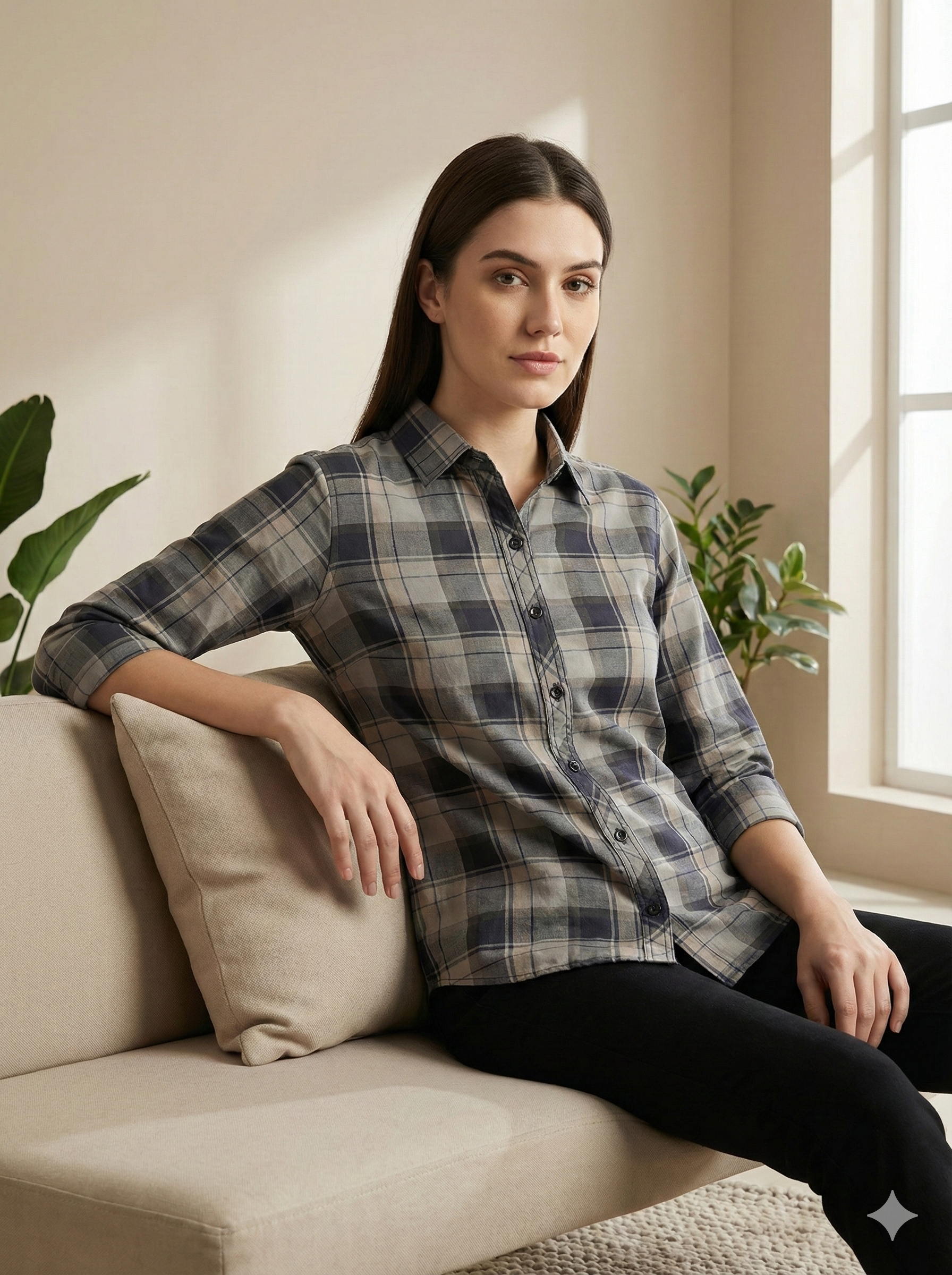 Women’s Classic Grey Checkered Button-Down Shirt - 24304