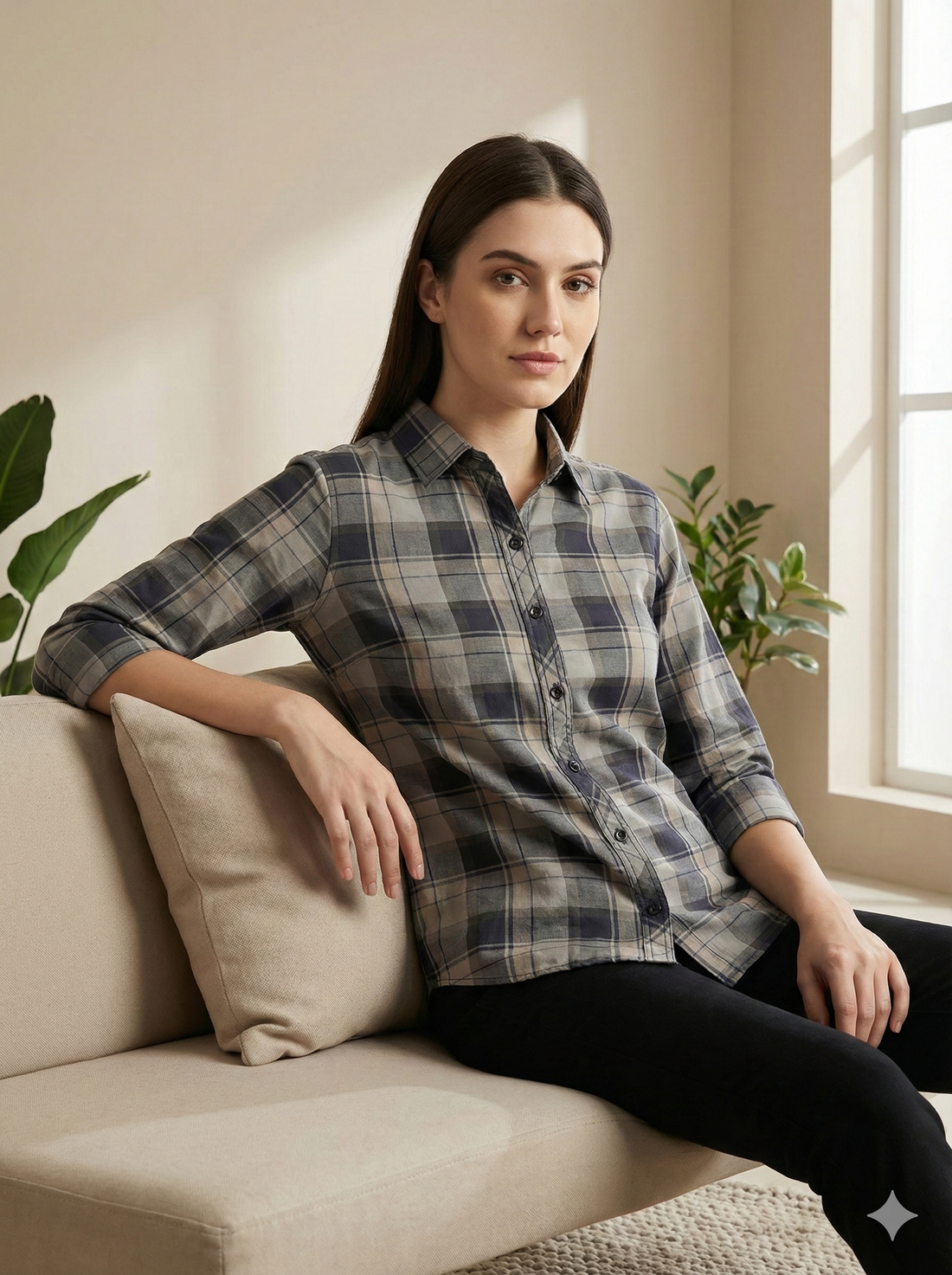 Women’s Classic Grey Checkered Button-Down Shirt - 24304