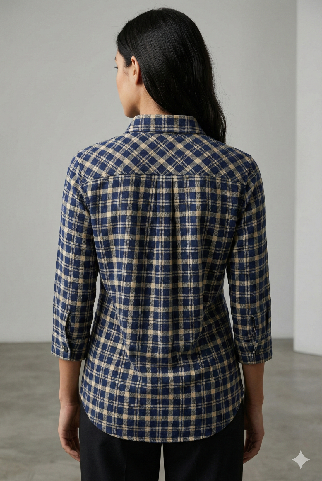 Women’s Navy & Beige Checkered Casual Button-Down Shirt - 24123