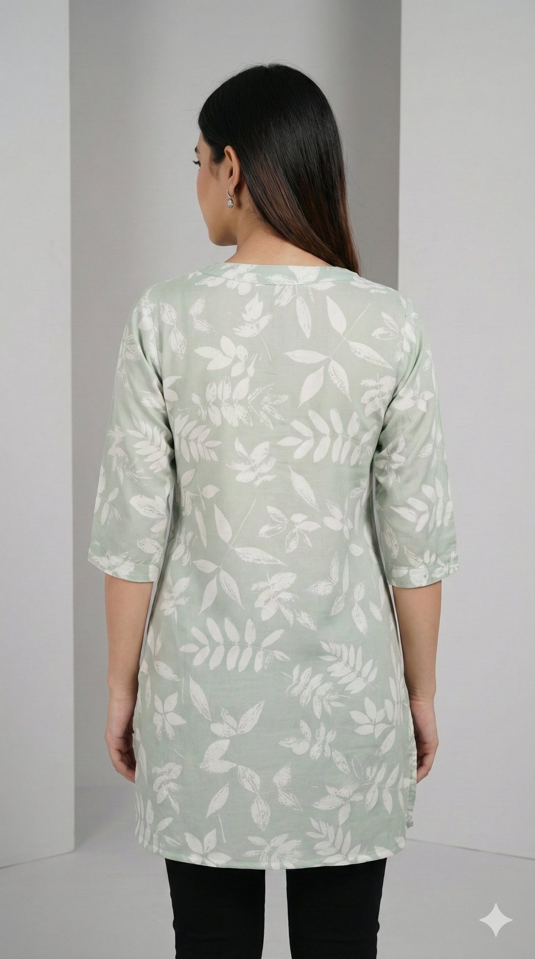 Sage Green Leaf-Print Soft V-Notch Neck Kurti - 26212