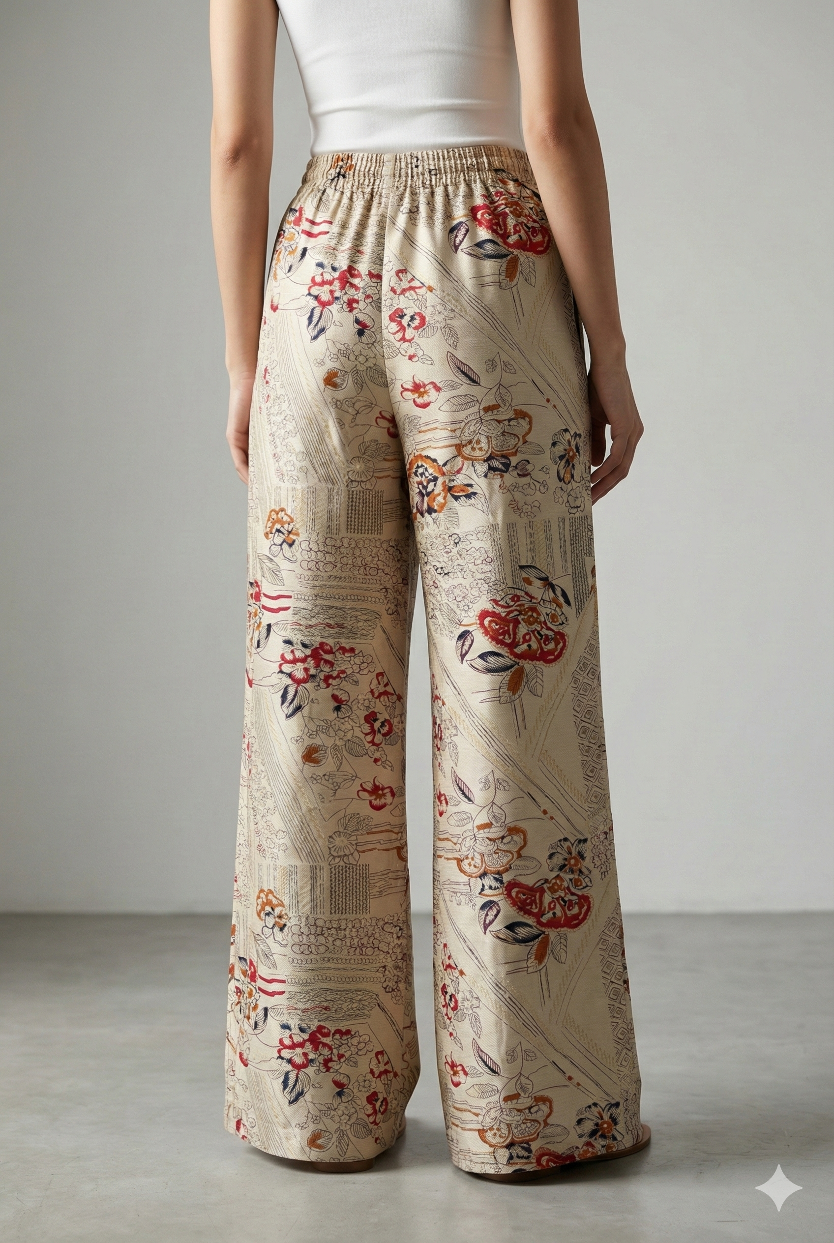Ivory Floral Printed Cotton Palazzo with Elastic Waist - 26263
