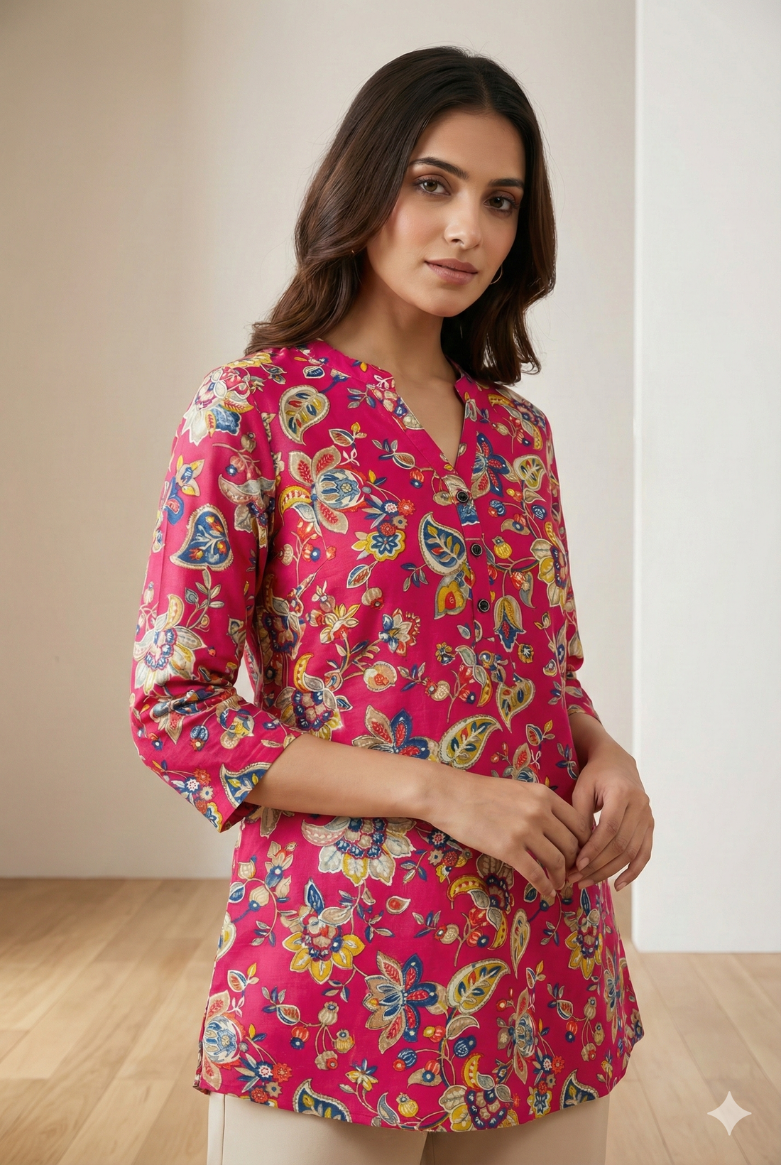Vibrant Pink Floral Printed 3/4 Sleeve Hip-Length Kurti with V-Notch Neckline - 26194
