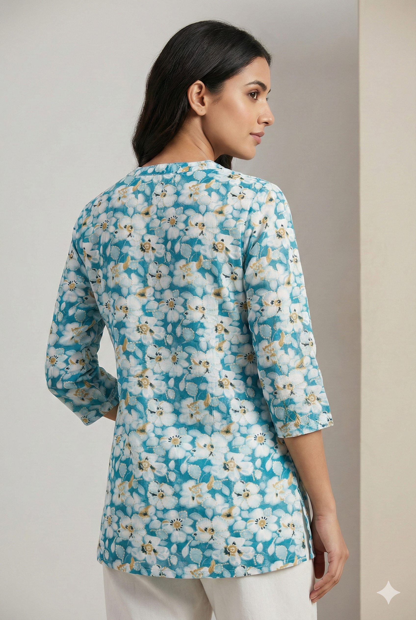 Sky Blue Floral Printed Short Kurti for Women - 25359