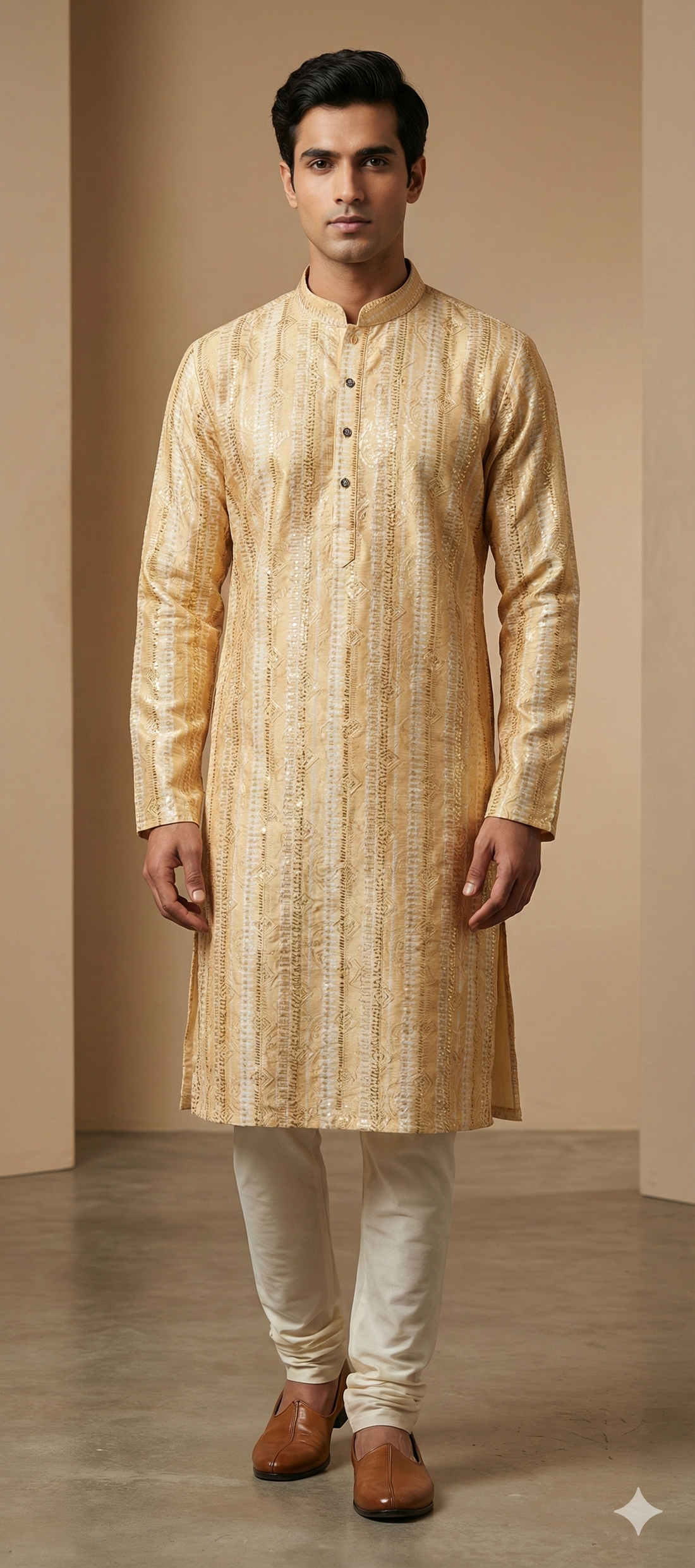 Golden Beige Sequin-Embroidered Designer Kurta - 26414