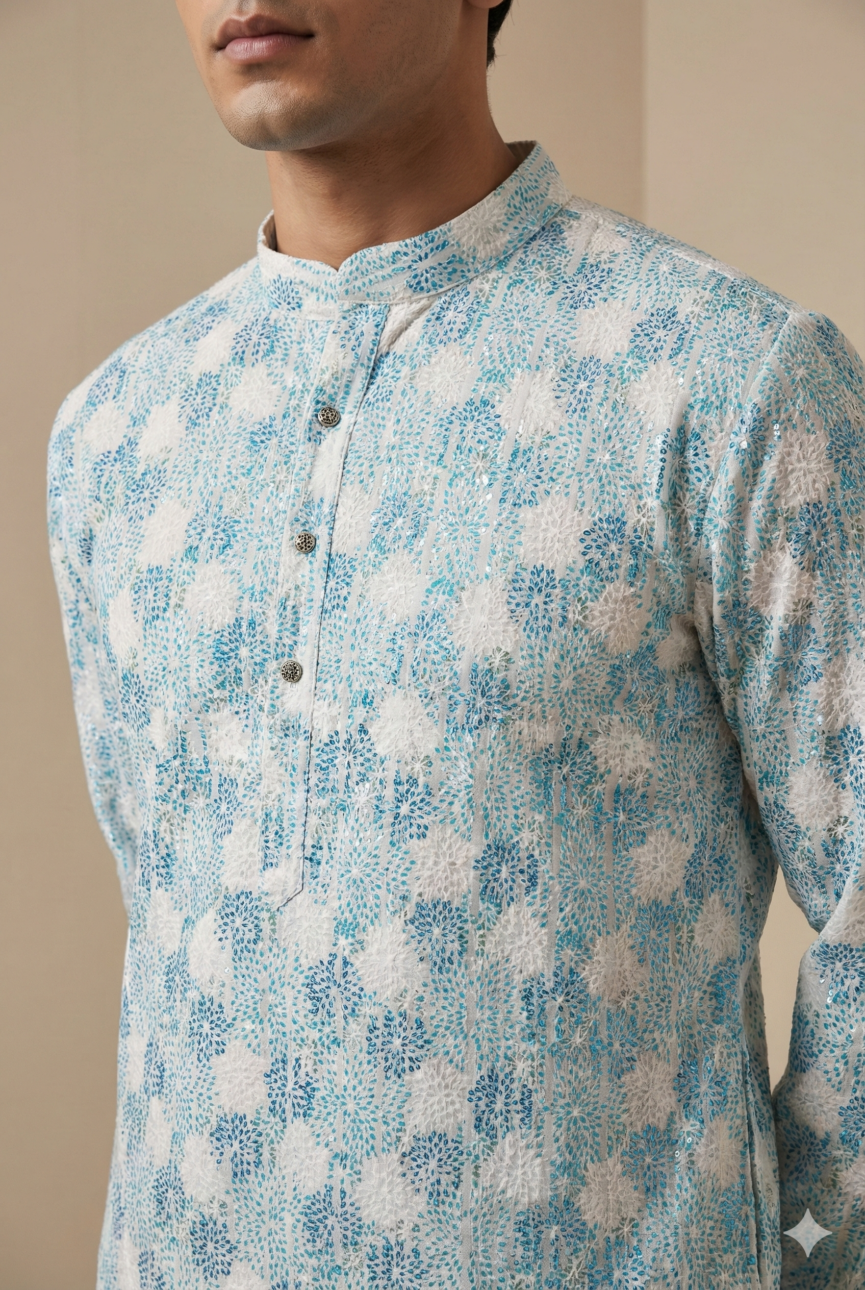 Aqua Blue & White Embroidered Sequin Work Cotton Kurta for Men - 26409
