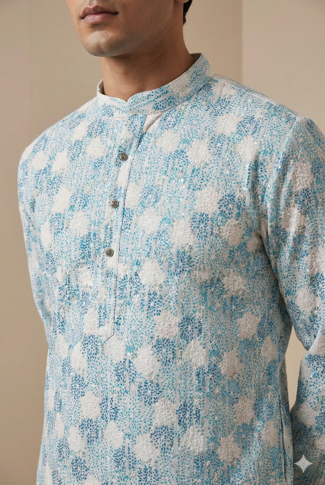 Aqua Blue & White Embroidered Sequin Work Cotton Kurta for Men - 26409