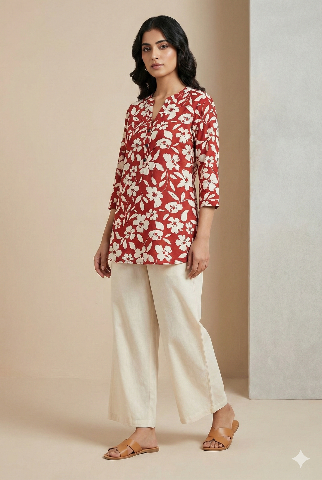 Women’s Red & Ivory Floral Printed Kurti - 26009
