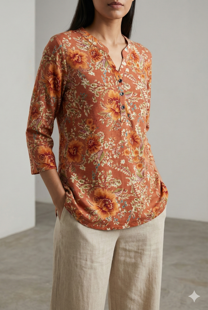 Rust Floral Printed Hip-Length Kurti with V-Notch Neck & 3/4 Sleeves - 26183