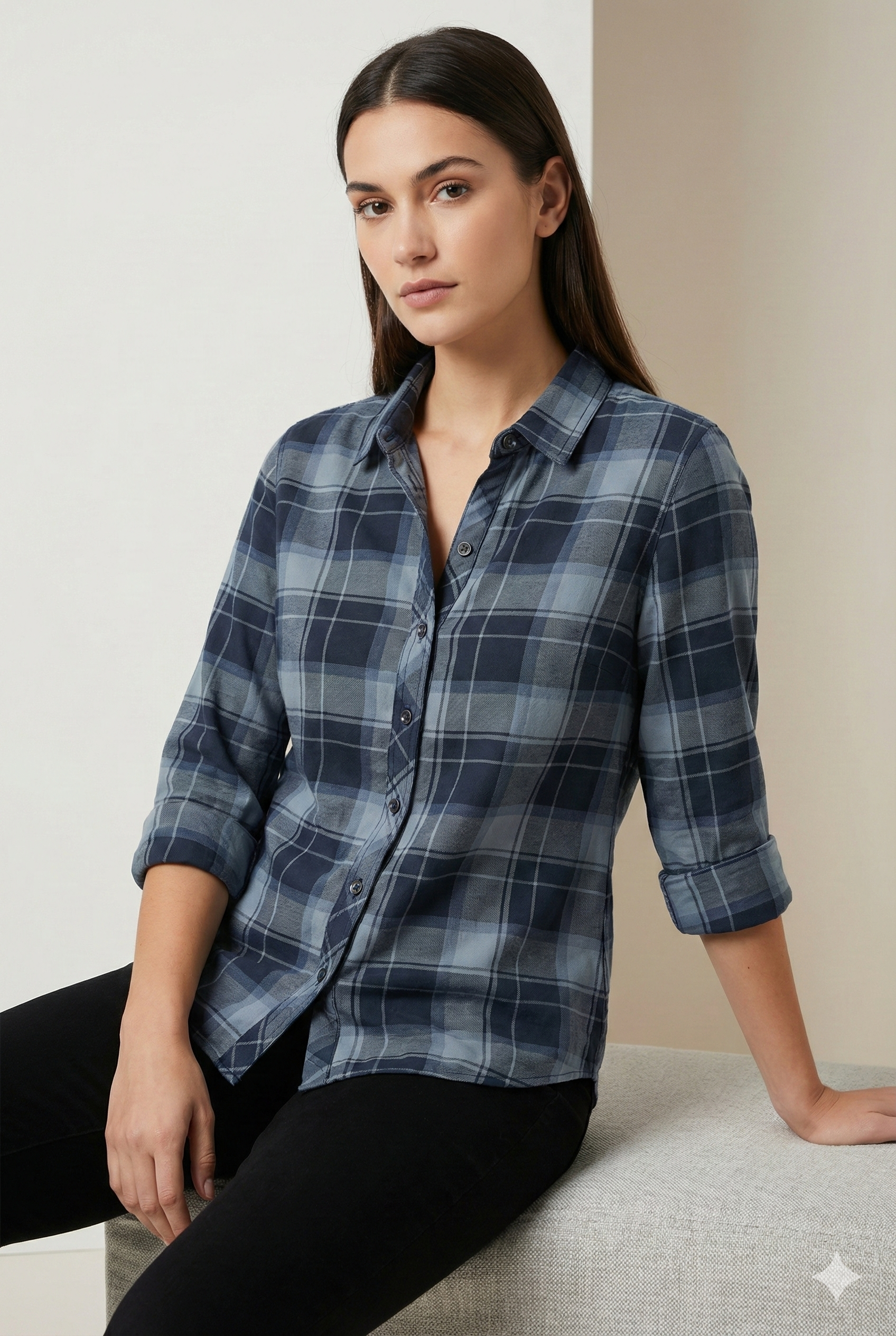 Women’s Navy & Grey Checkered Casual Shirt – 24306