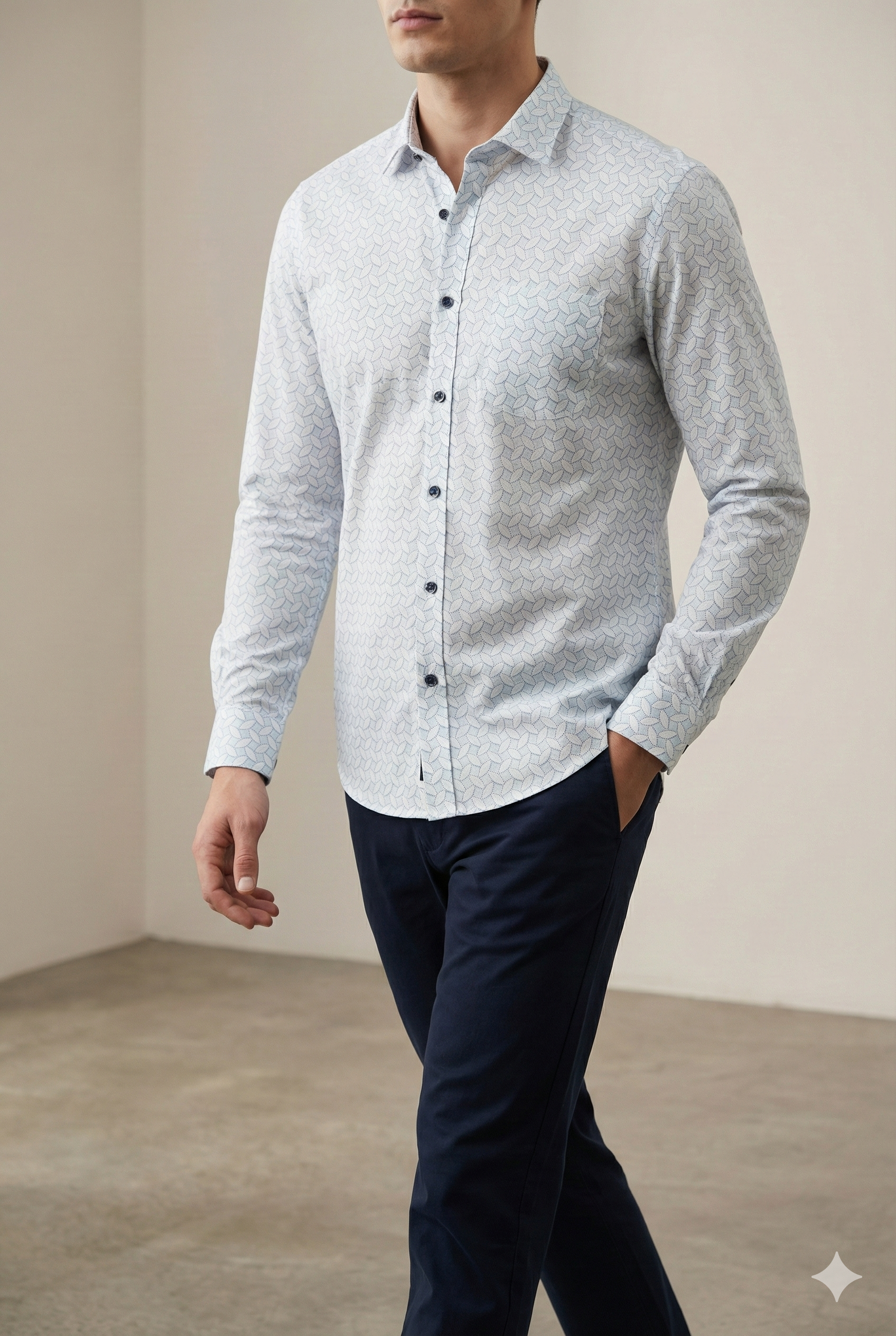 Men’s Premium Cotton Printed Casual Shirt – Sky Blue Leaf Pattern - 25504