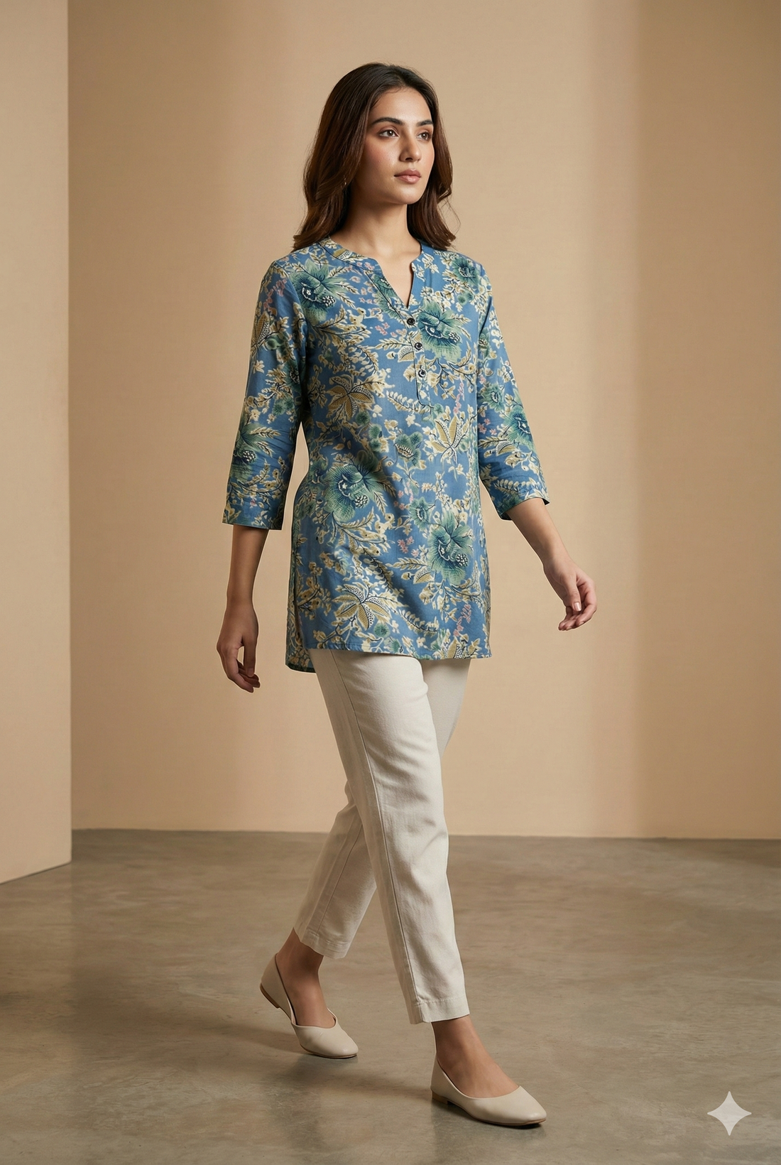 Women’s Blue Floral Printed Kurti Soft Cotton Blend - 26192
