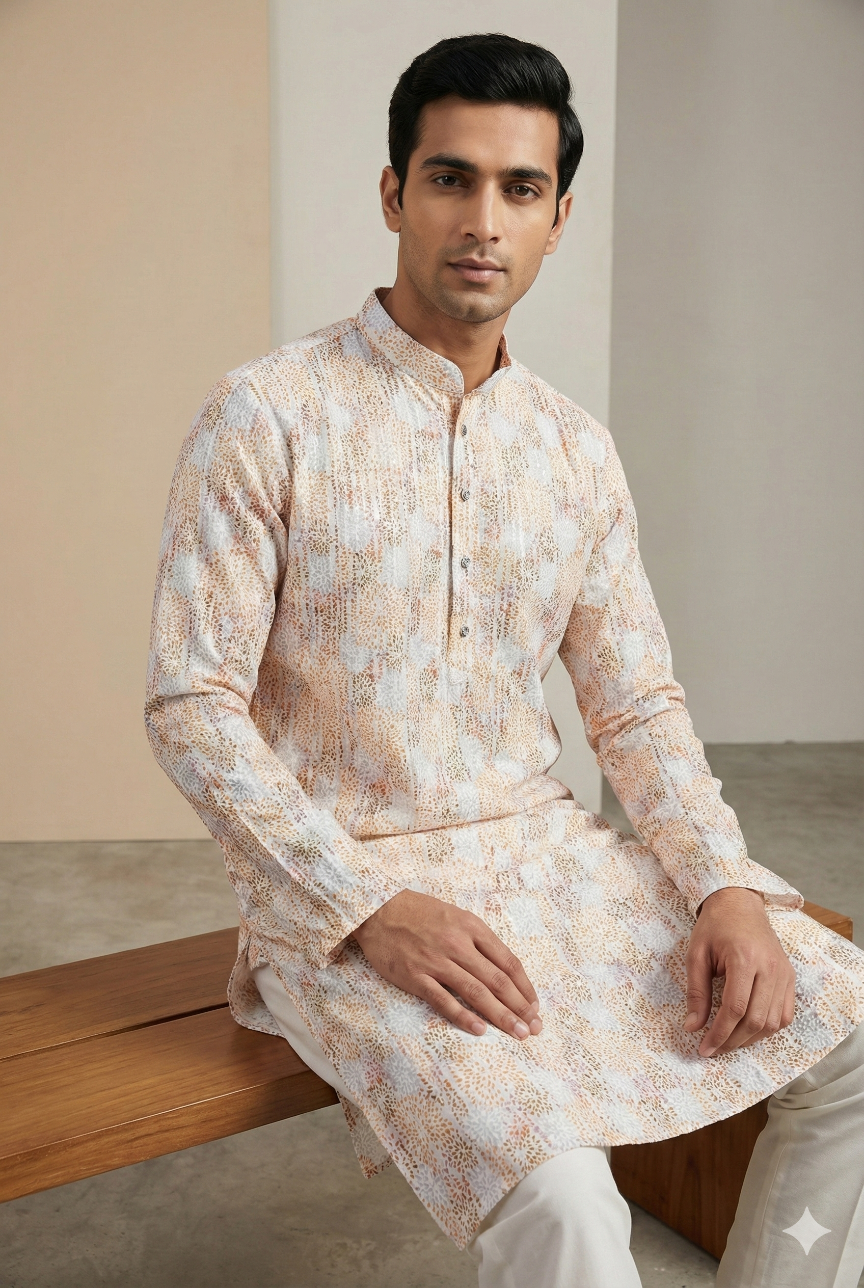 Men’s Elegant Pastel Orange & White Sequin Work Printed Cotton Kurta - 26408