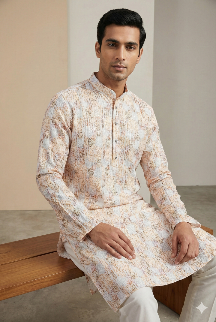Men’s Elegant Pastel Orange & White Sequin Work Printed Cotton Kurta - 26408