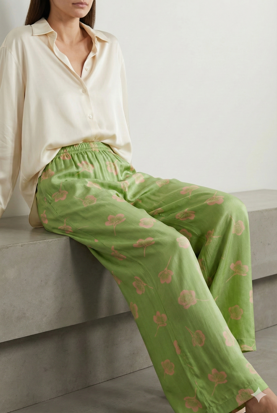 Pistachio Green Floral Print Elastic Waist Palazzo - 26281