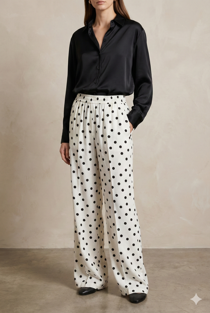 White & Black Polka Dot Elastic Waist Palazzo Pants - 26348