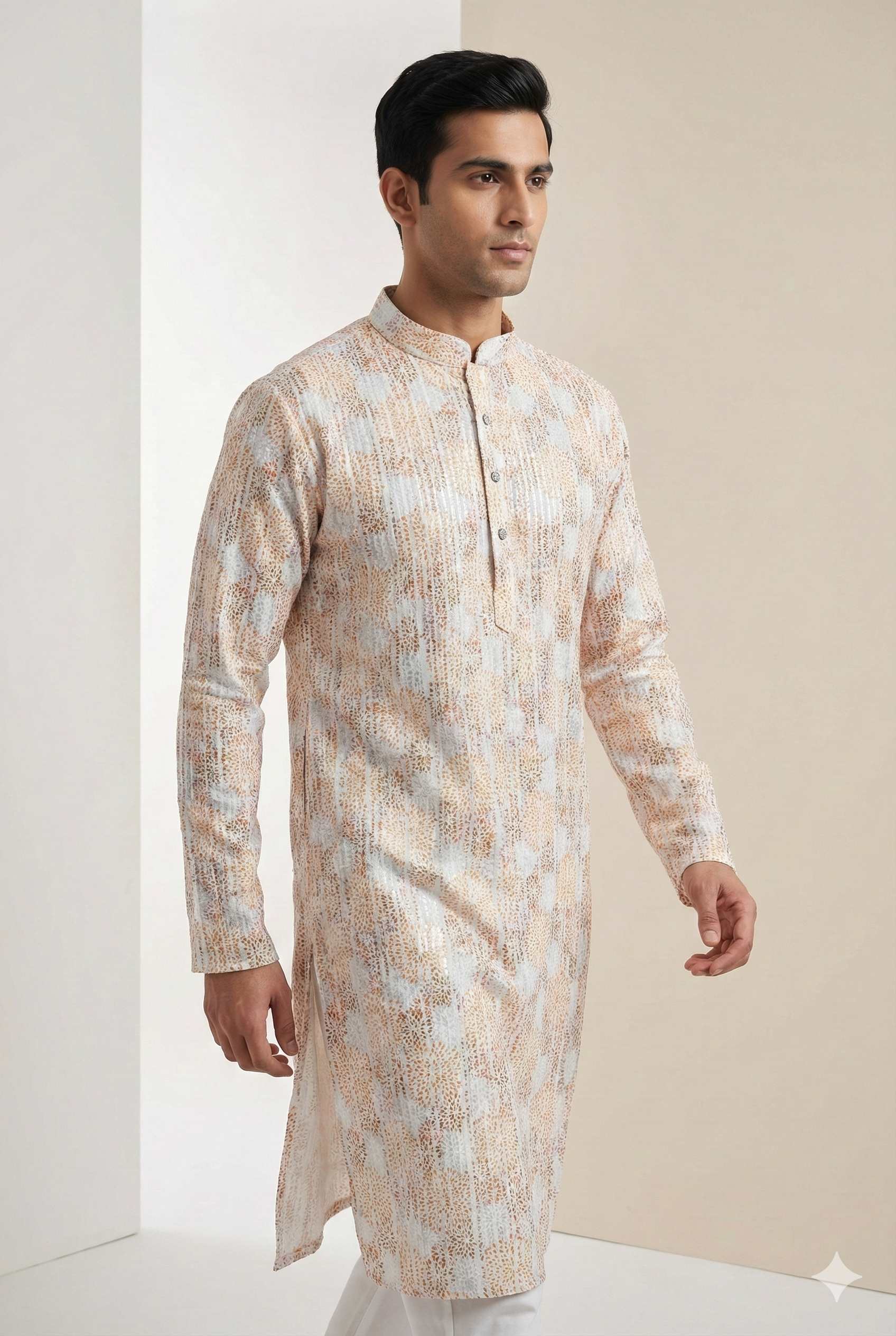 Men’s Elegant Pastel Orange & White Sequin Work Printed Cotton Kurta - 26408