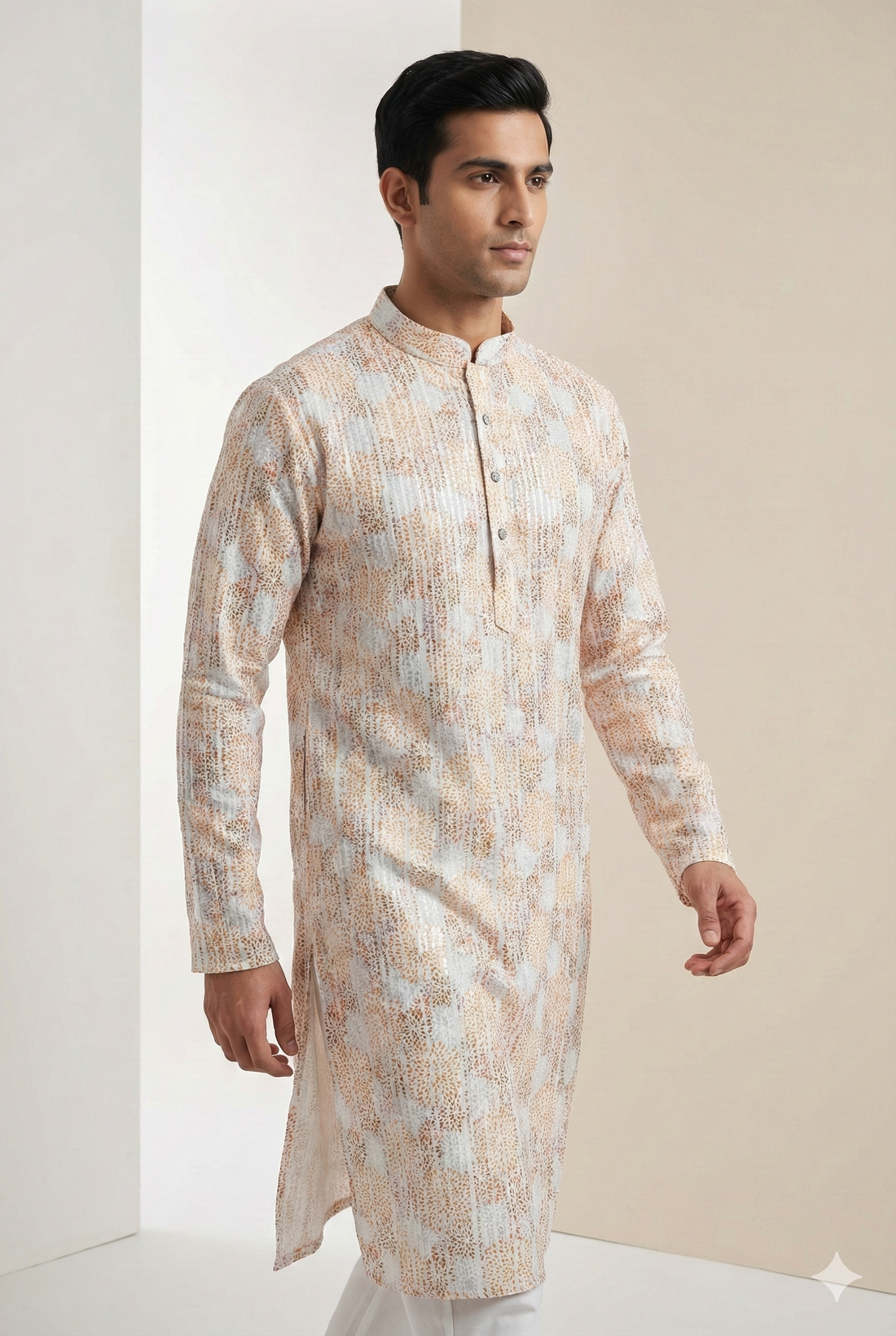 Men’s Elegant Pastel Orange & White Sequin Work Printed Cotton Kurta - 26408