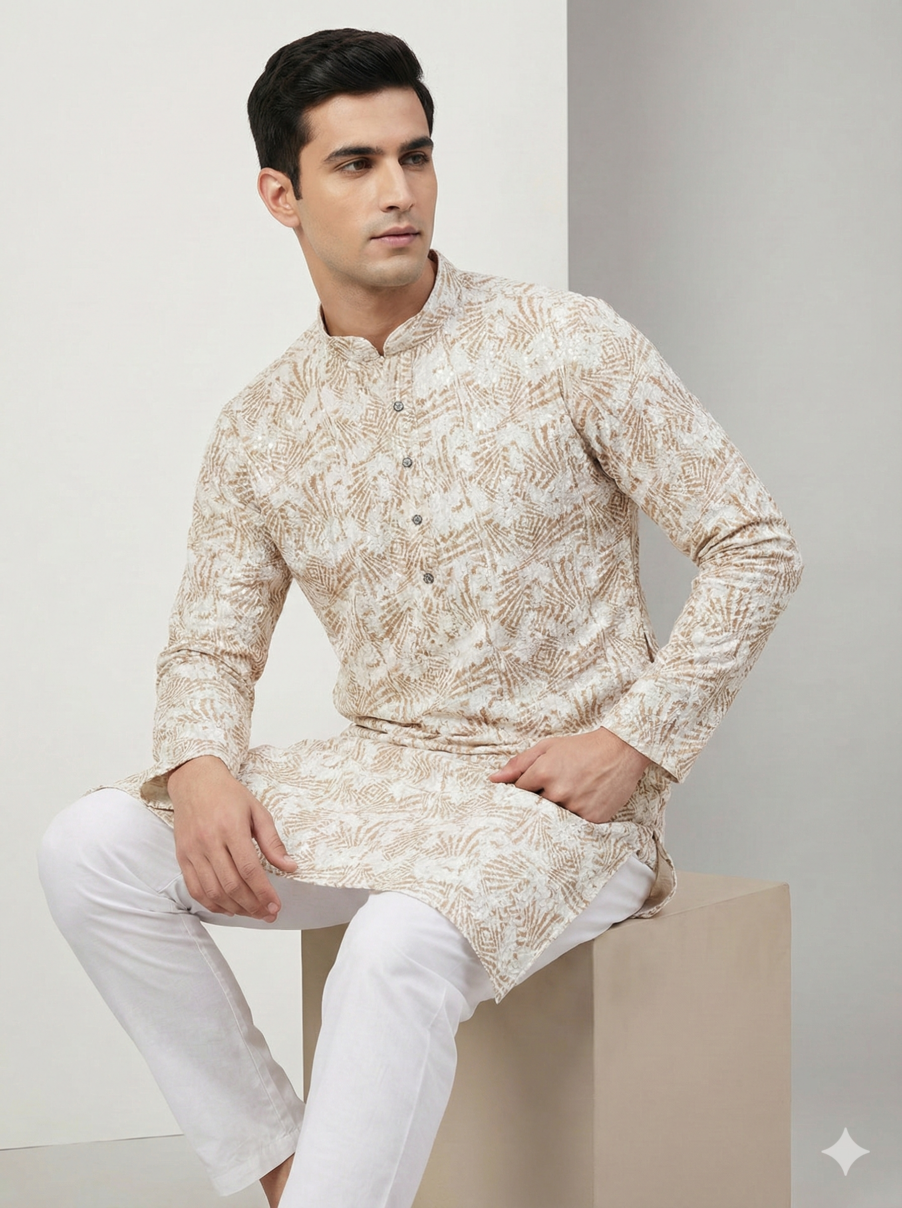 Beige Sequin Embroidered Textured Kurta - 26410