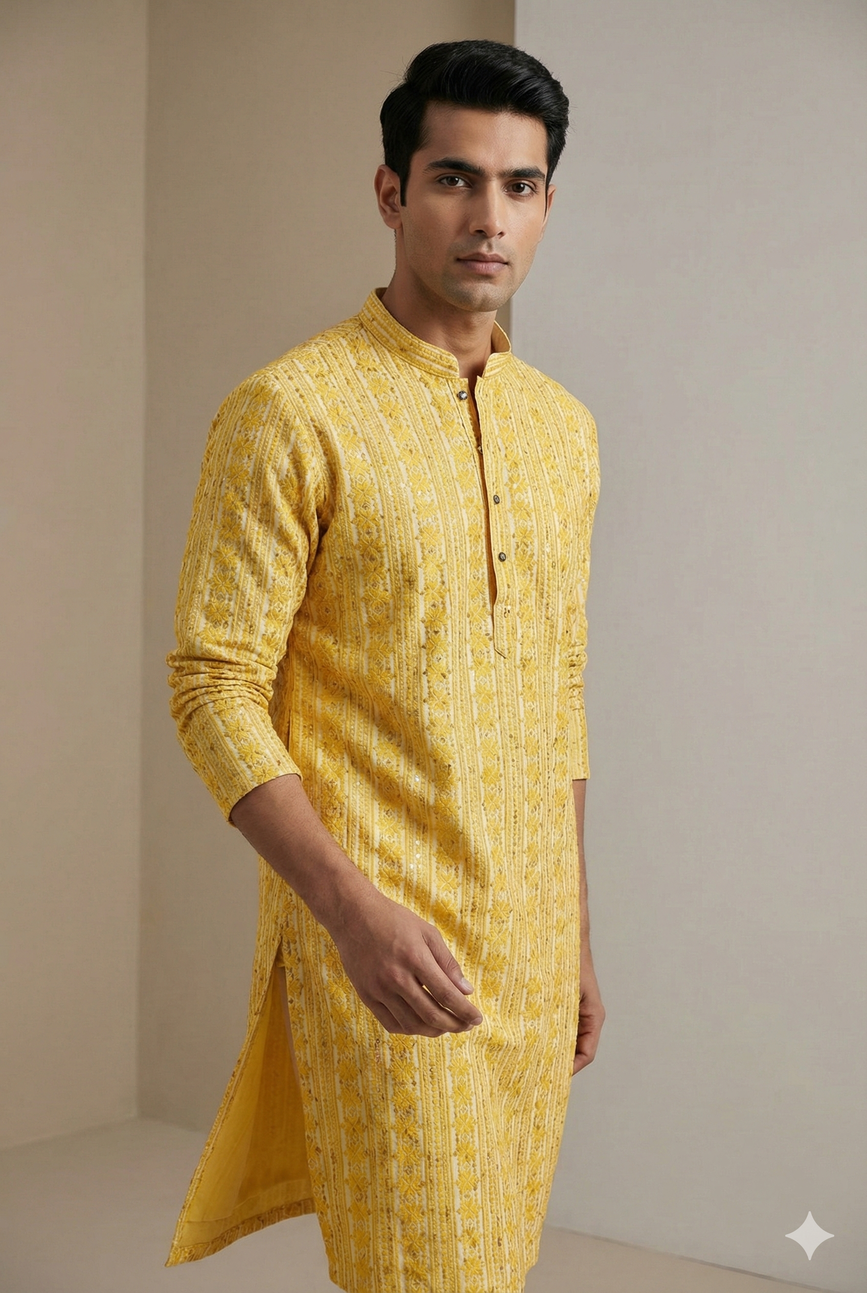 Mustard Yellow Sequin & Thread Embroidered Long Kurta - 26413