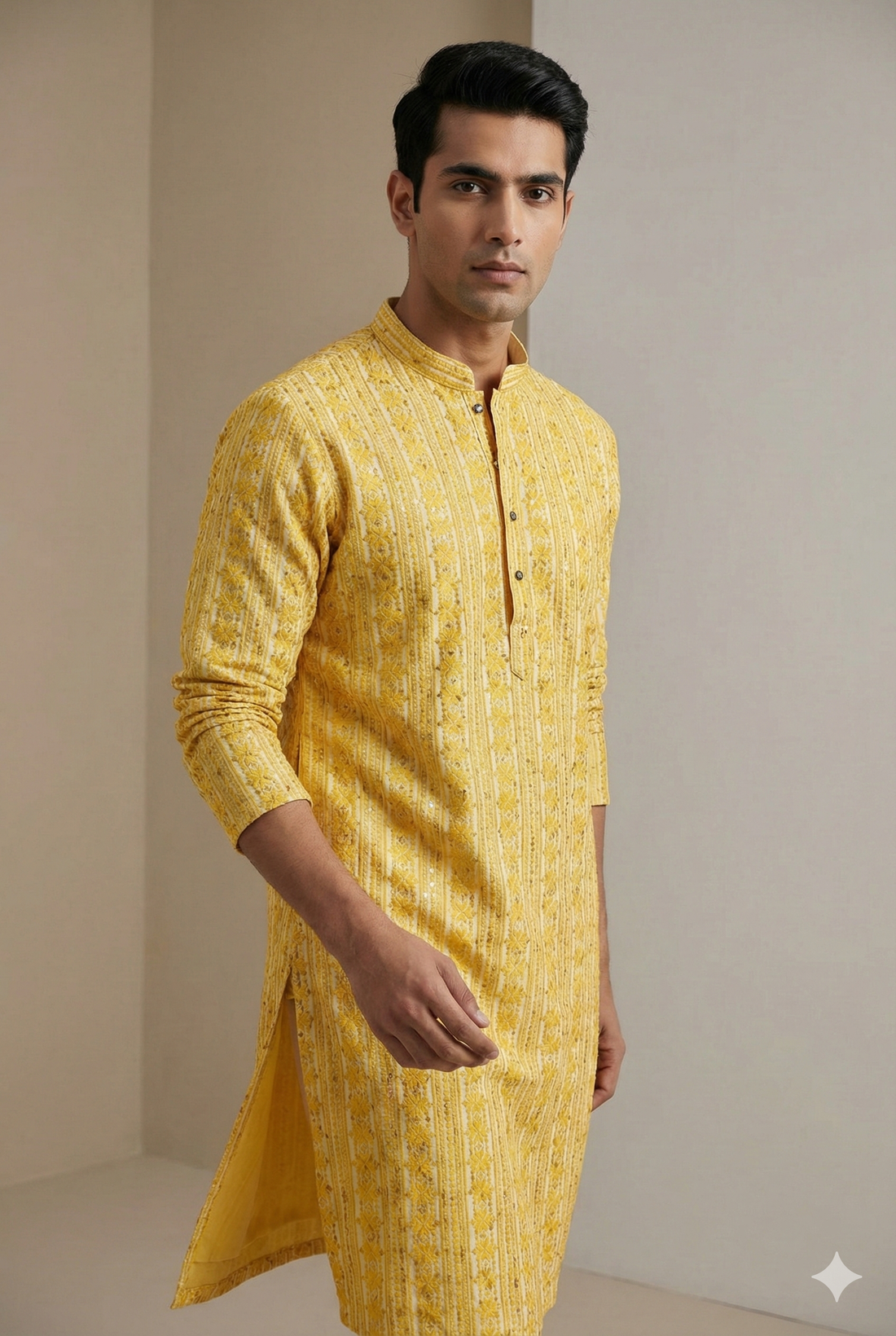 Mustard Yellow Sequin & Thread Embroidered Long Kurta - 26413