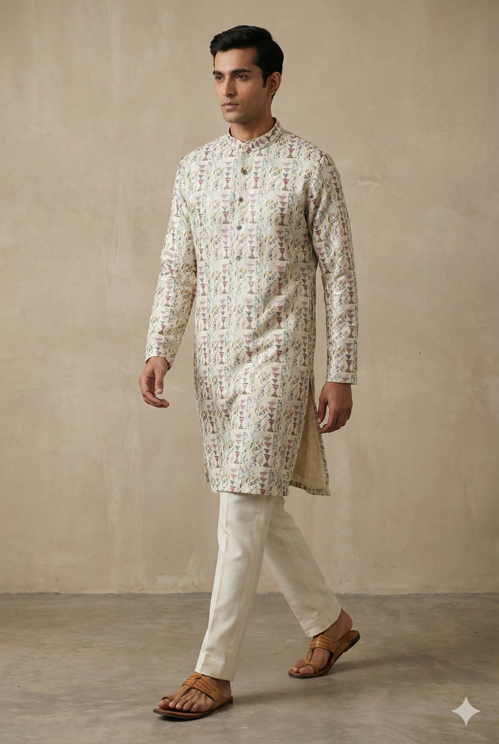 Men’s Ivory Printed Kurta Pajama -  26396