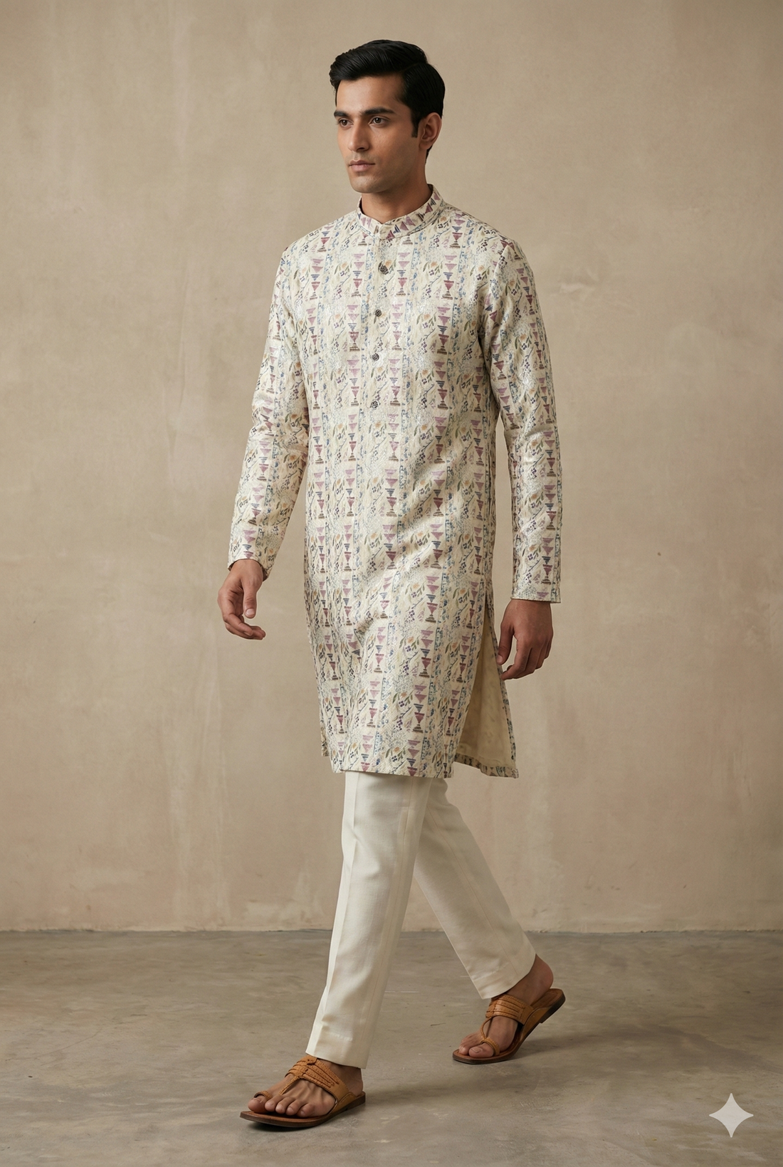 Men’s Ivory Printed Kurta Pajama -  26396