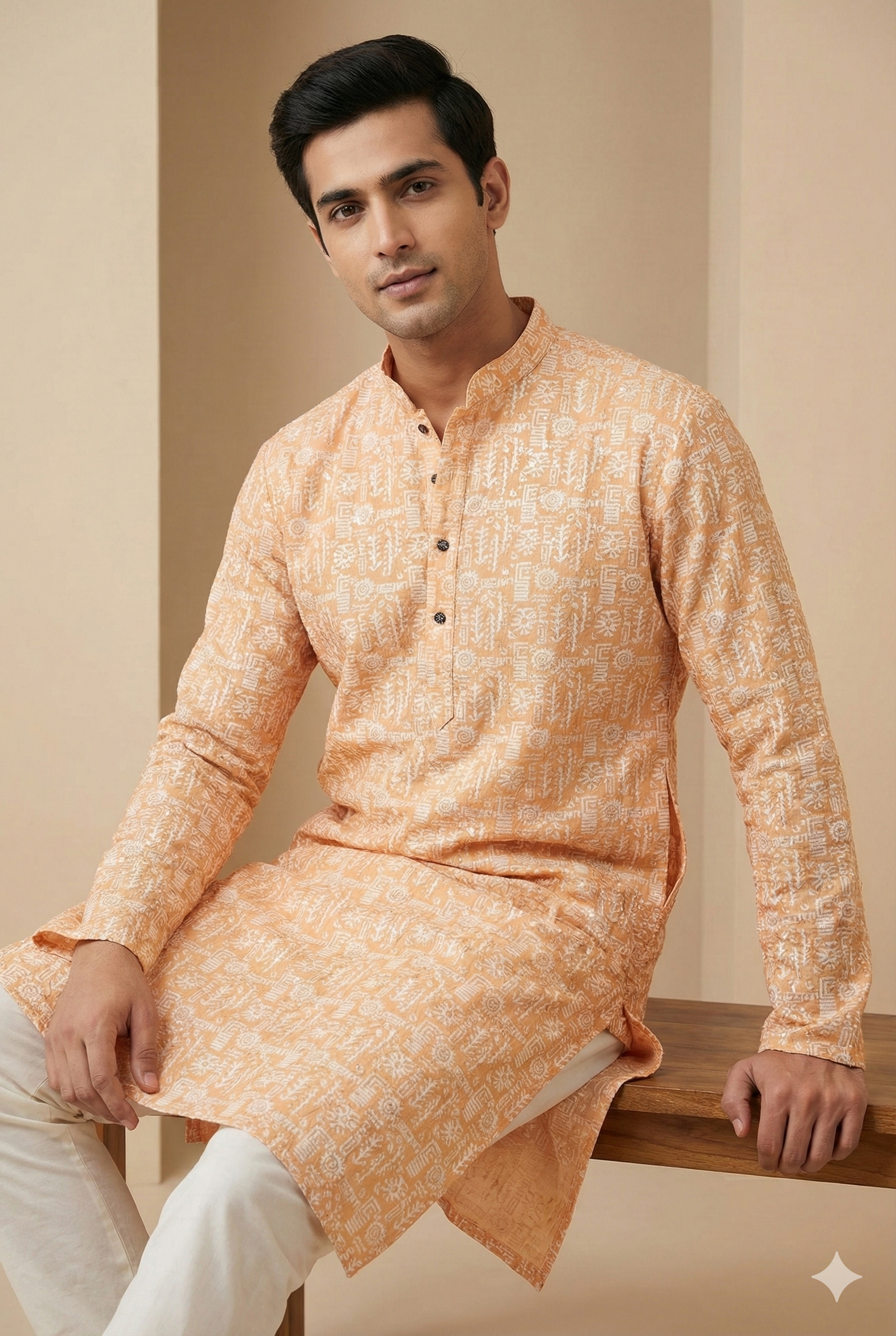 Peach Self-Design Sequin Embroidered Long Kurta - 26406