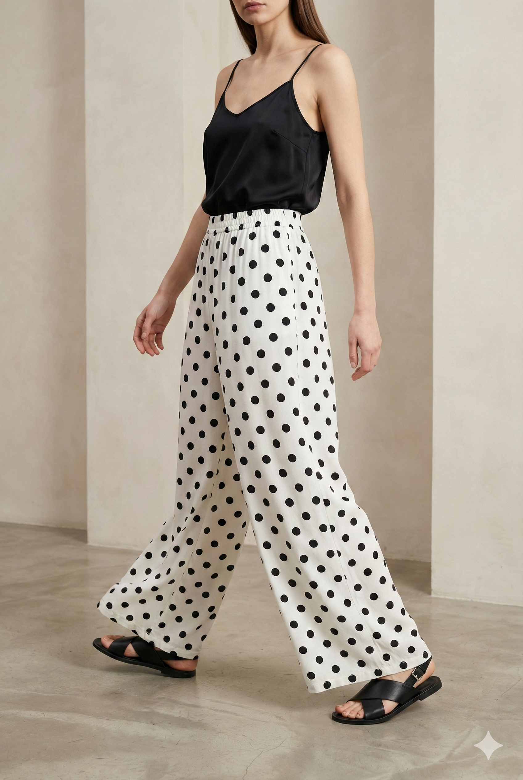 White & Black Polka Dot Elastic Waist Palazzo Pants - 26348