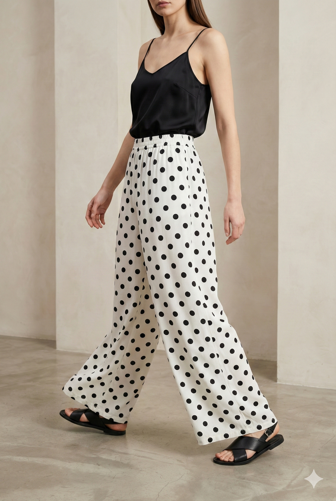 White & Black Polka Dot Elastic Waist Palazzo Pants - 26348