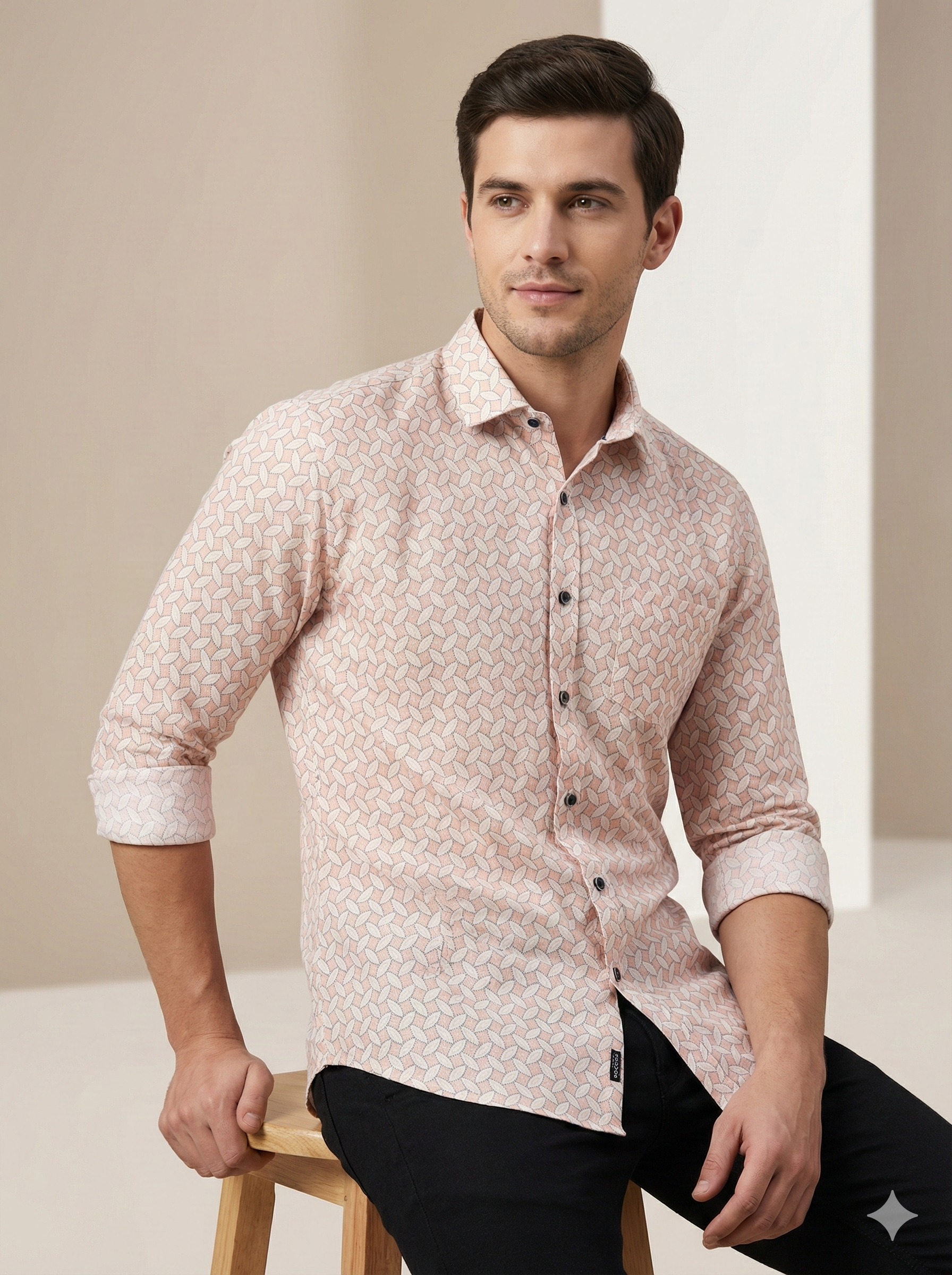 Men’s Premium Printed Cotton Shirt – Soft Peach & White Geometric Pattern - 25503